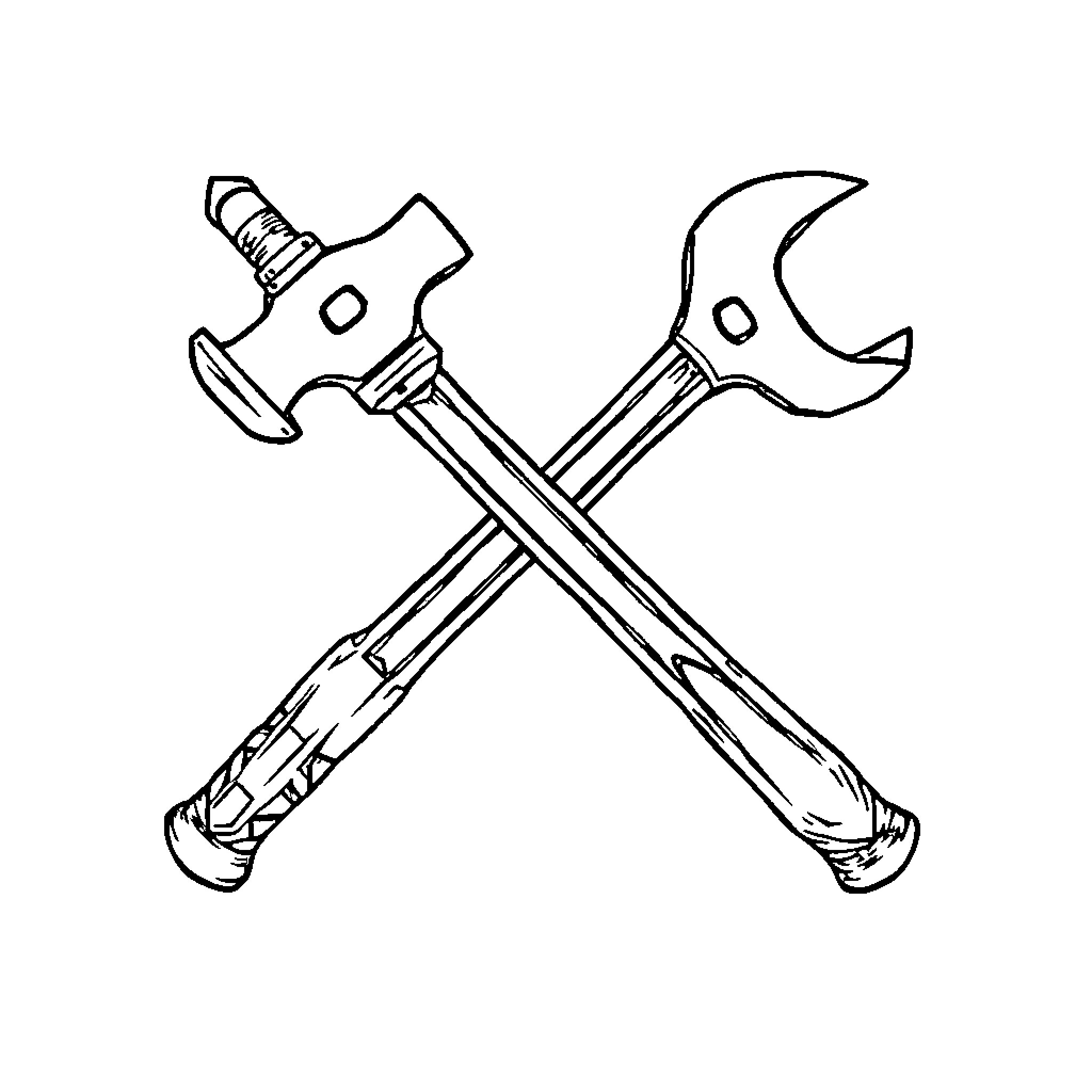 Hammer and Wrench Tools Crossed Coloring Page (free black-and-white line drawing printable PDF for all, from beginners to advanced learners, including children, teens, adults, and seniors)
