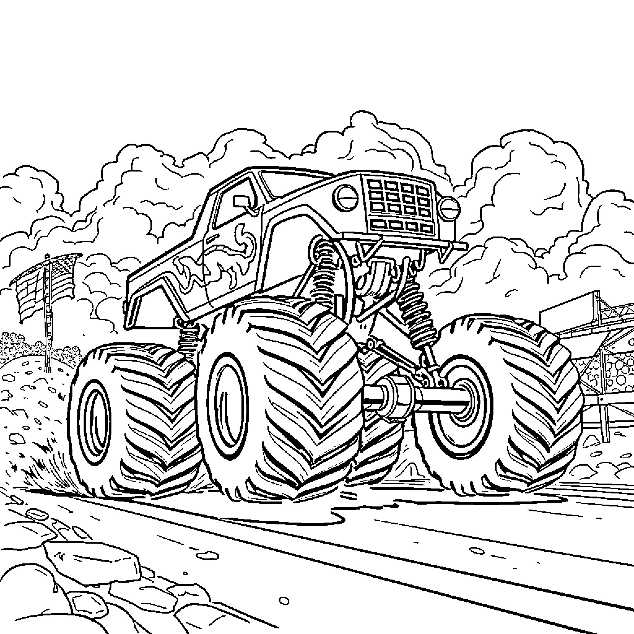 Monster Truck Crushing Obstacles in a Dramatic Landscape Coloring Page (free black-and-white line drawing printable PDF for all, from beginners to advanced learners, including children, teens, adults, and seniors)