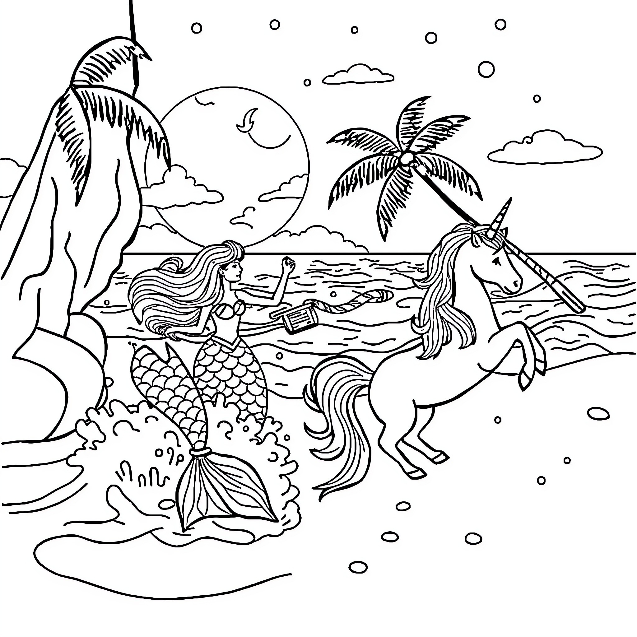 Mermaid and Unicorn at Tropical Beach Coloring Page (free black-and-white line drawing printable PDF for all, from beginners to advanced learners, including children, teens, adults, and seniors)