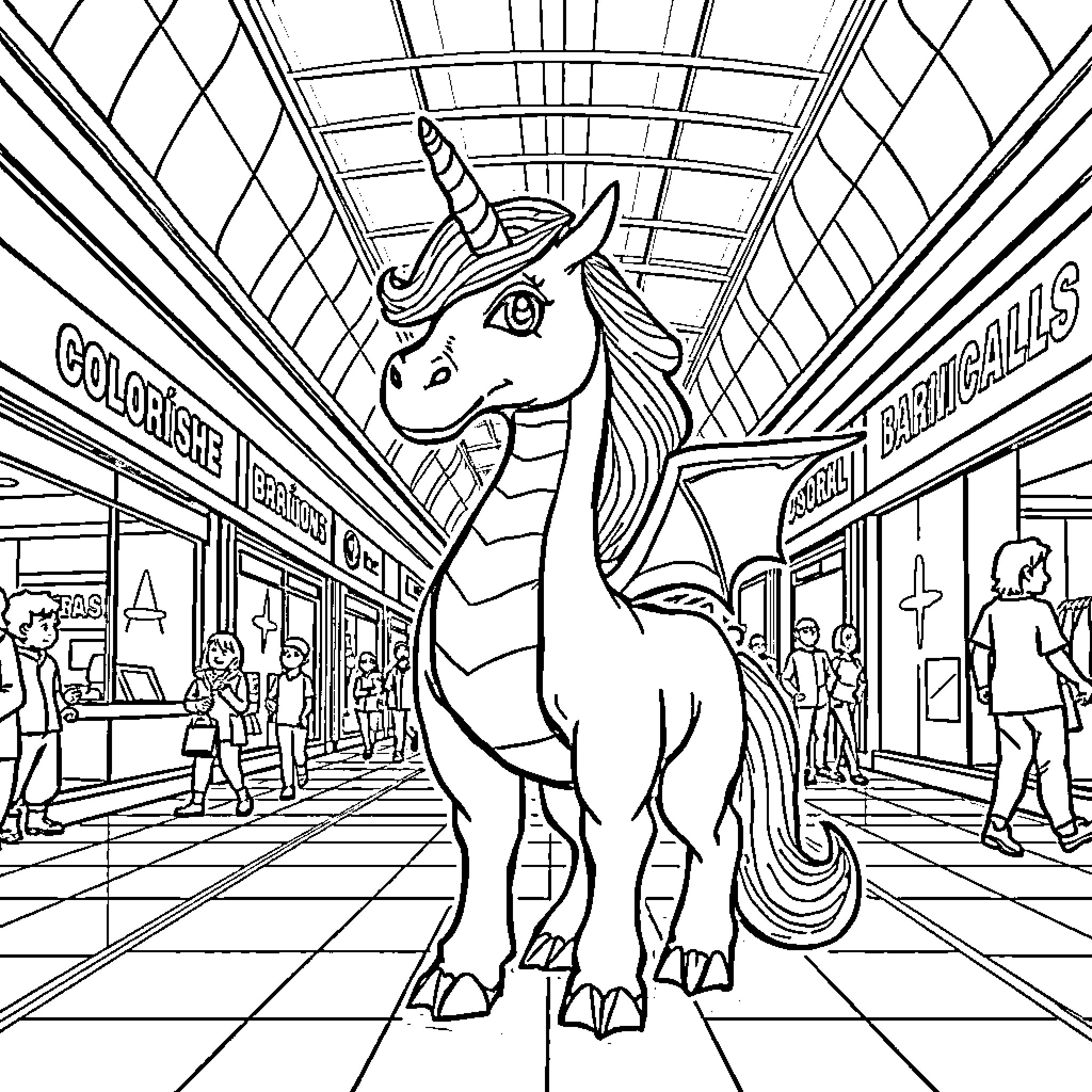 Unicorn-Dragon in a Magical Shopping Mall Coloring Page (free black-and-white line drawing printable PDF for all, from beginners to advanced learners, including children, teens, adults, and seniors)