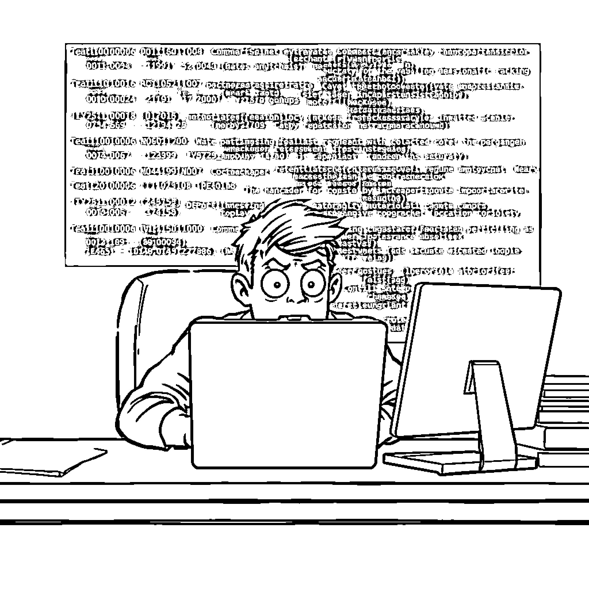 Office Worker Focused on Computer Screen Coloring Page (free black-and-white line drawing printable PDF for all, from beginners to advanced learners, including children, teens, adults, and seniors)