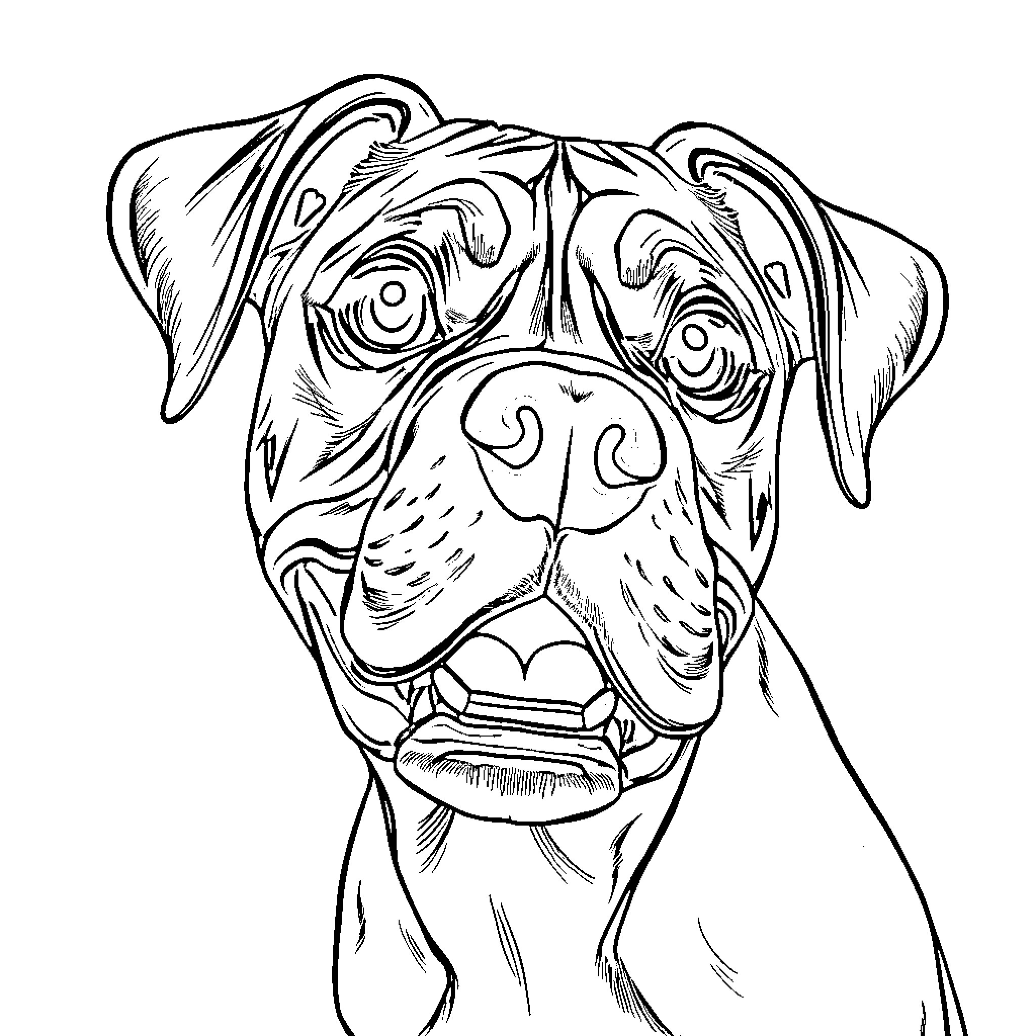 Boxer dog with expressive features Coloring Page (free black-and-white line drawing printable PDF for all, from beginners to advanced learners, including children, teens, adults, and seniors)