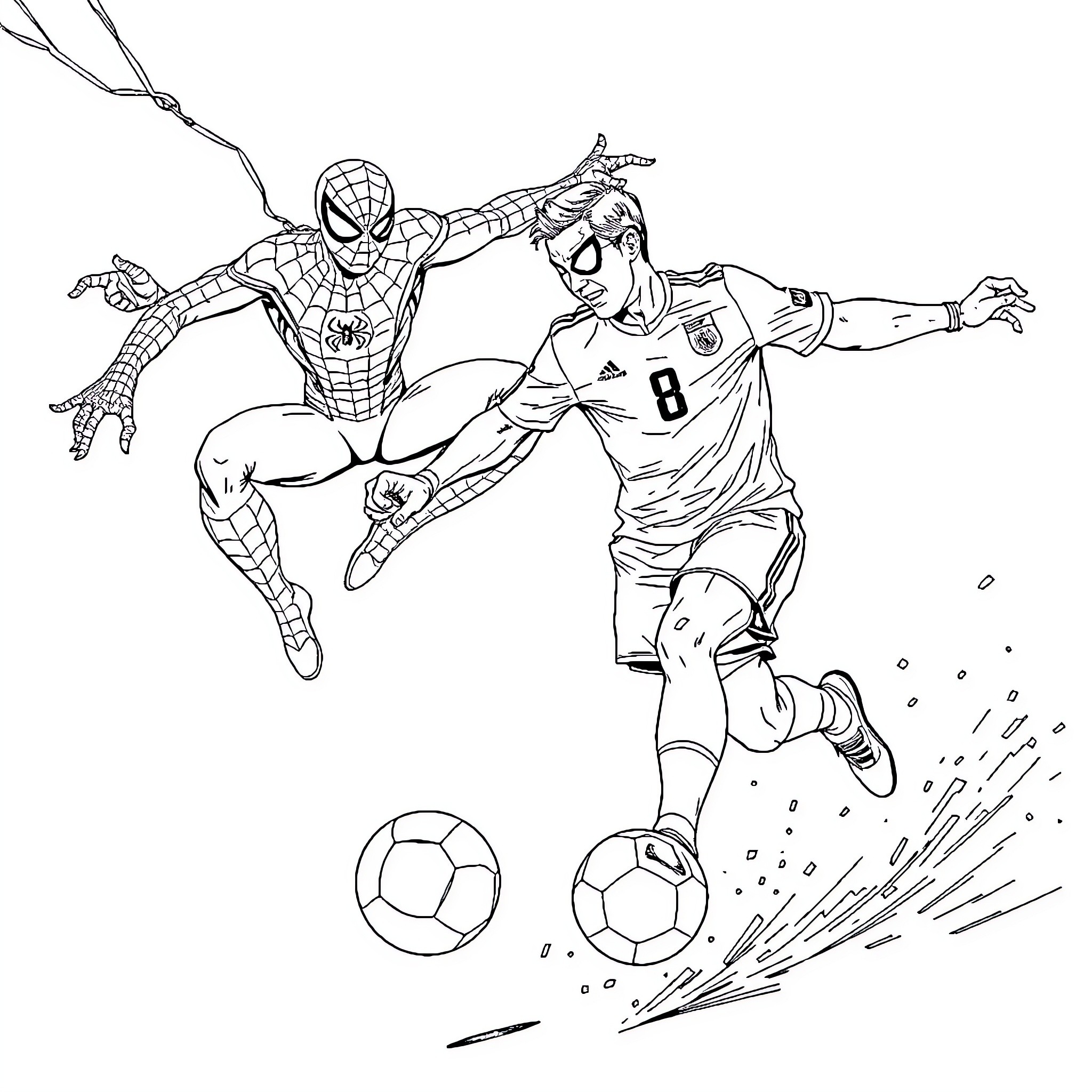 Ronaldo facing off against Spiderman on the soccer field Coloring Page (free black-and-white line drawing printable PDF for all, from beginners to advanced learners, including children, teens, adults, and seniors)