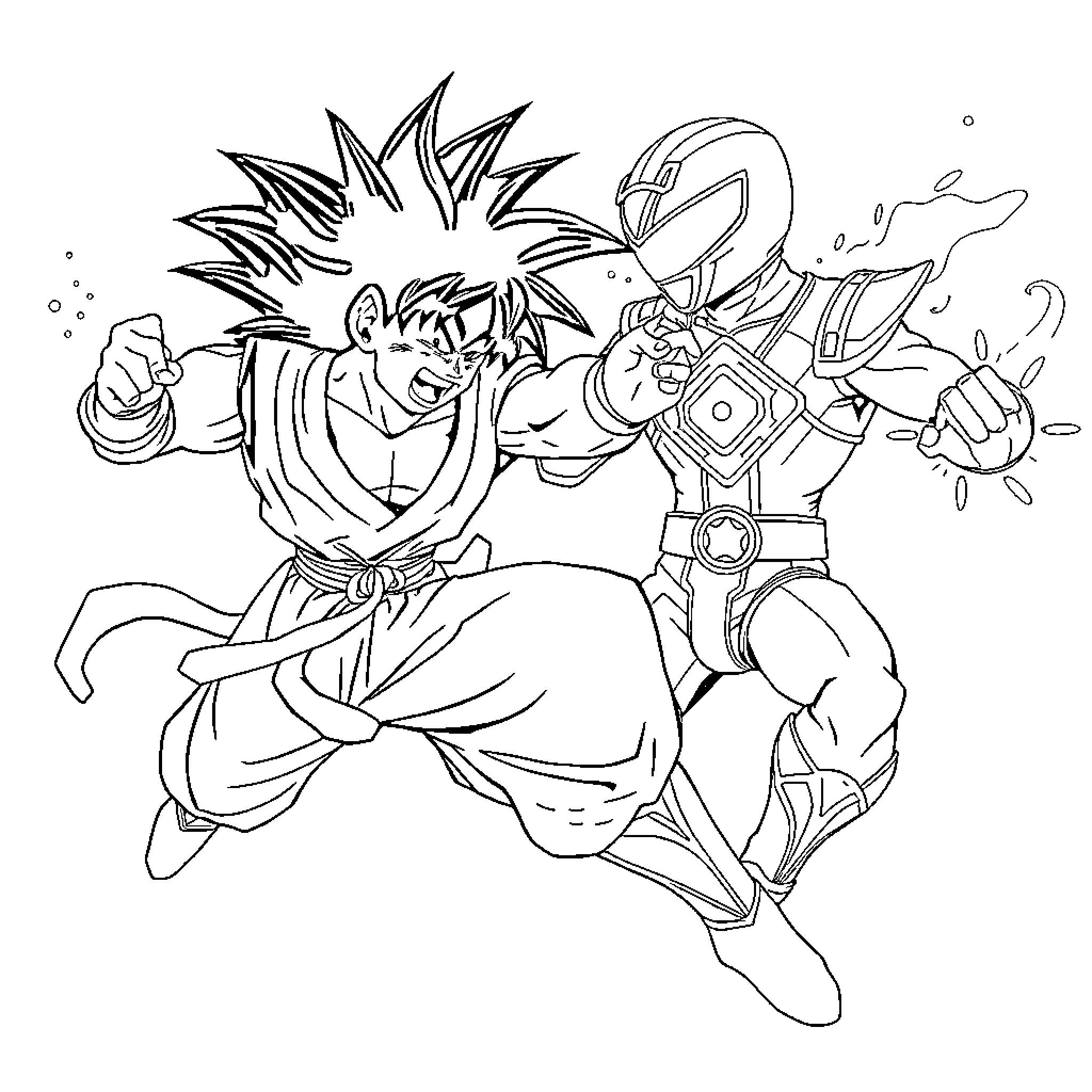 Goku in Epic Battle with Powerful Foe Coloring Page (free black-and-white line drawing printable PDF for all, from beginners to advanced learners, including children, teens, adults, and seniors)