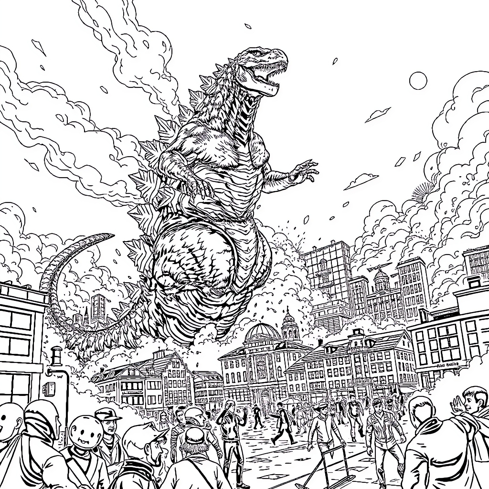 Godzilla rampaging through a city with panicked citizens Coloring Page (free black-and-white line drawing printable PDF for all, from beginners to advanced learners, including children, teens, adults, and seniors)