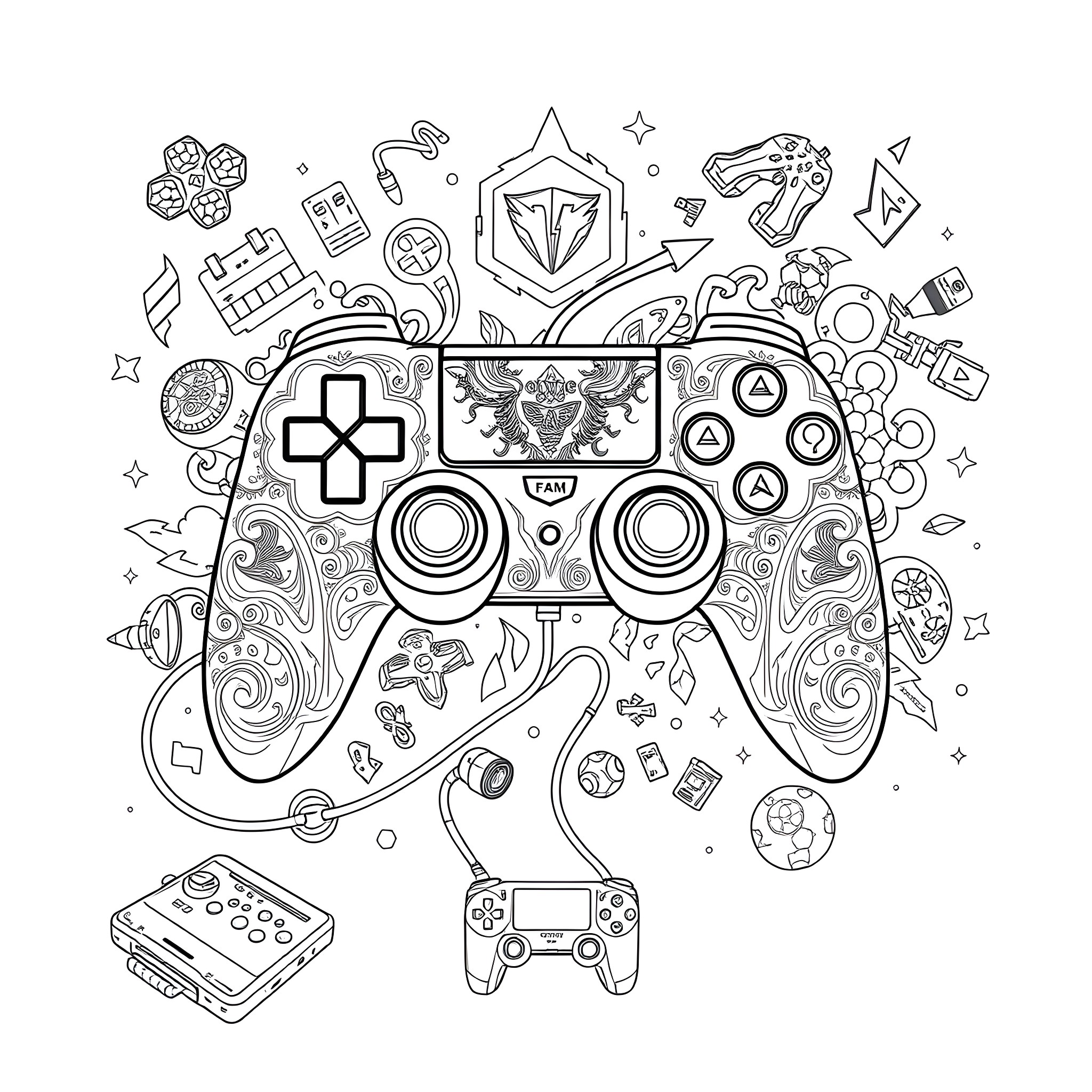 Gaming Controller with Whimsical Doodles and Symbols Coloring Page (free black-and-white line drawing printable PDF for all, from beginners to advanced learners, including children, teens, adults, and seniors)