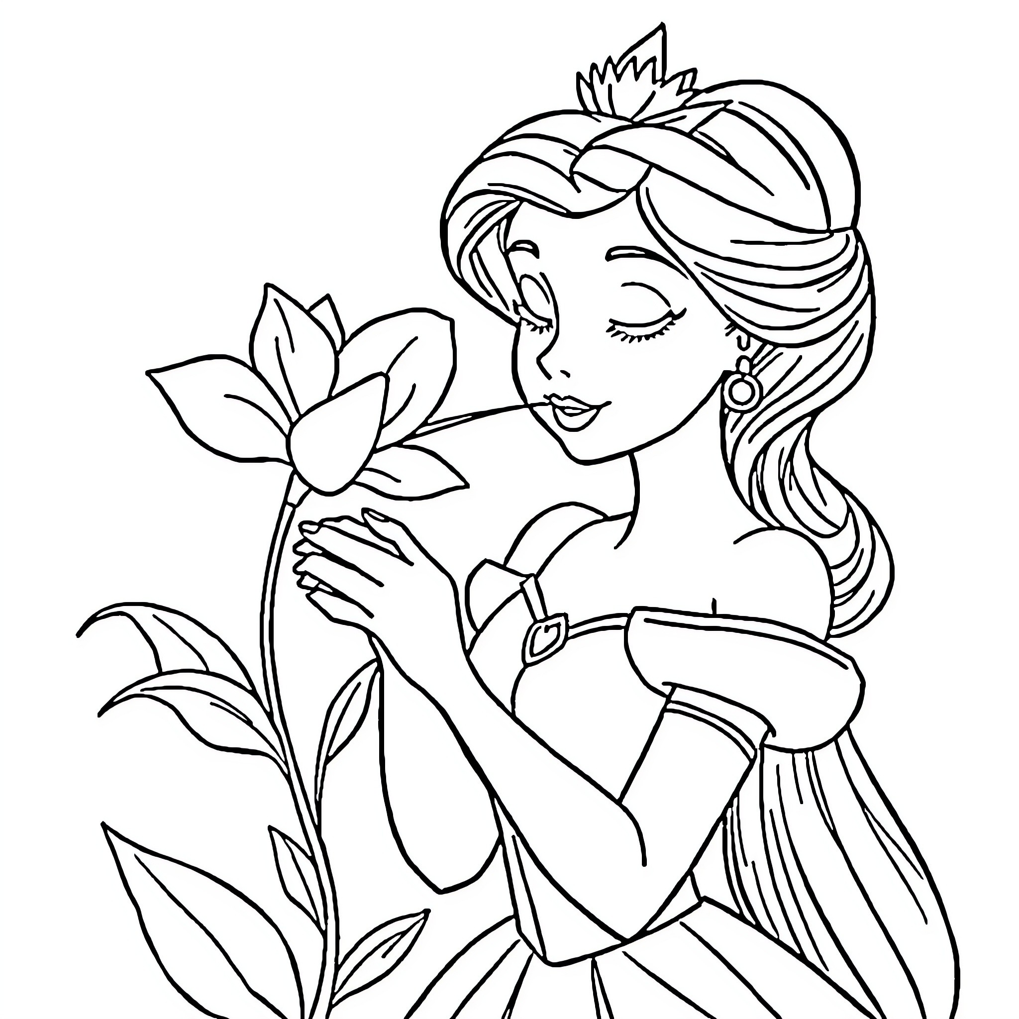 Disney Princess enjoying a flower in nature Coloring Page (free black-and-white line drawing printable PDF for all, from beginners to advanced learners, including children, teens, adults, and seniors)
