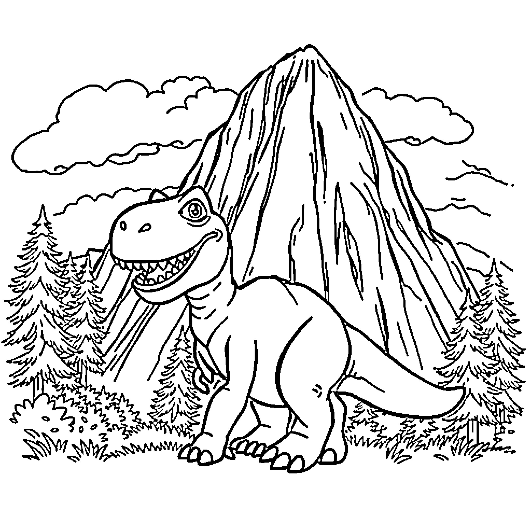 Trex exploring the majestic mountain landscape Coloring Page (free black-and-white line drawing printable PDF for all, from beginners to advanced learners, including children, teens, adults, and seniors)