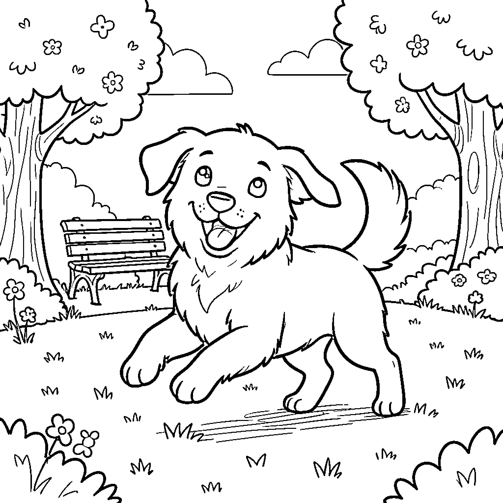 Dog joyfully frolicking in a scenic park Coloring Page (free black-and-white line drawing printable PDF for all, from beginners to advanced learners, including children, teens, adults, and seniors)