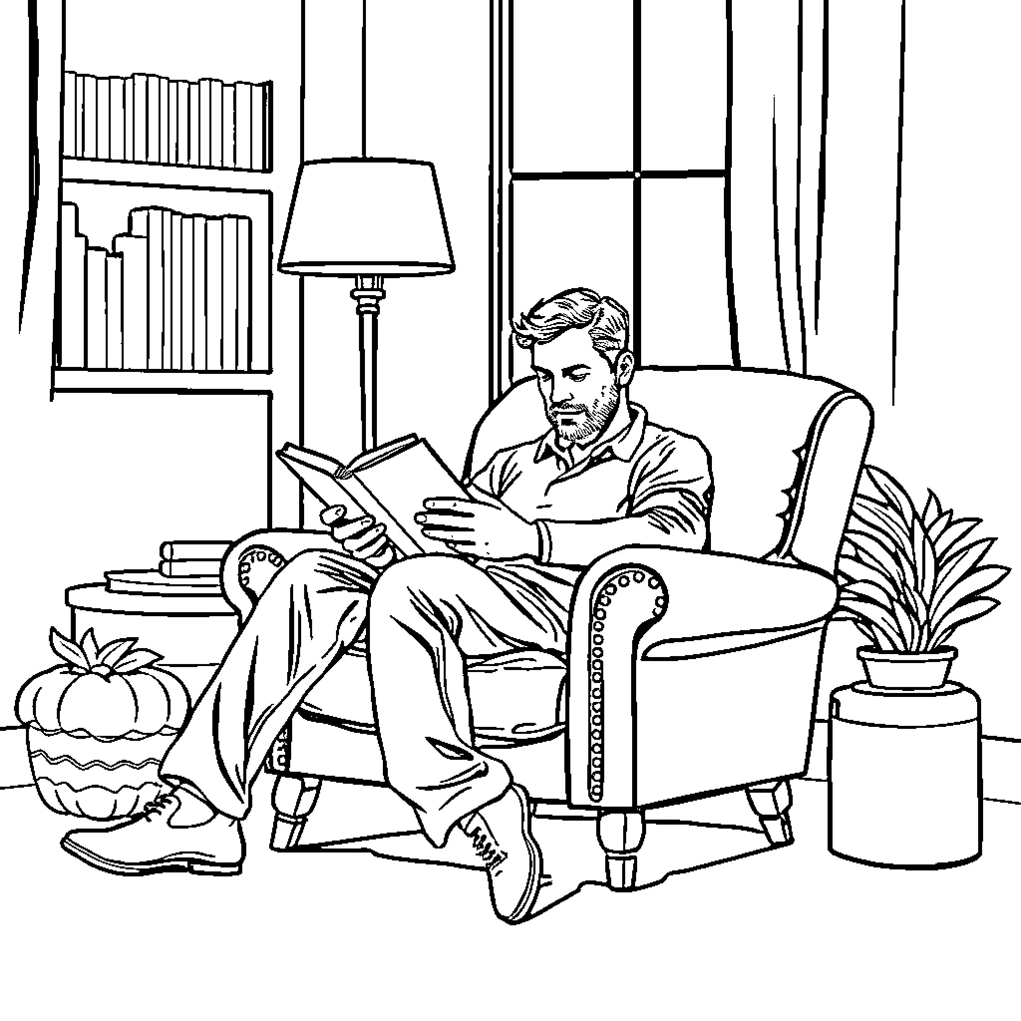 Book character relaxing and reading in a cozy room Coloring Page (free black-and-white line drawing printable PDF for all, from beginners to advanced learners, including children, teens, adults, and seniors)