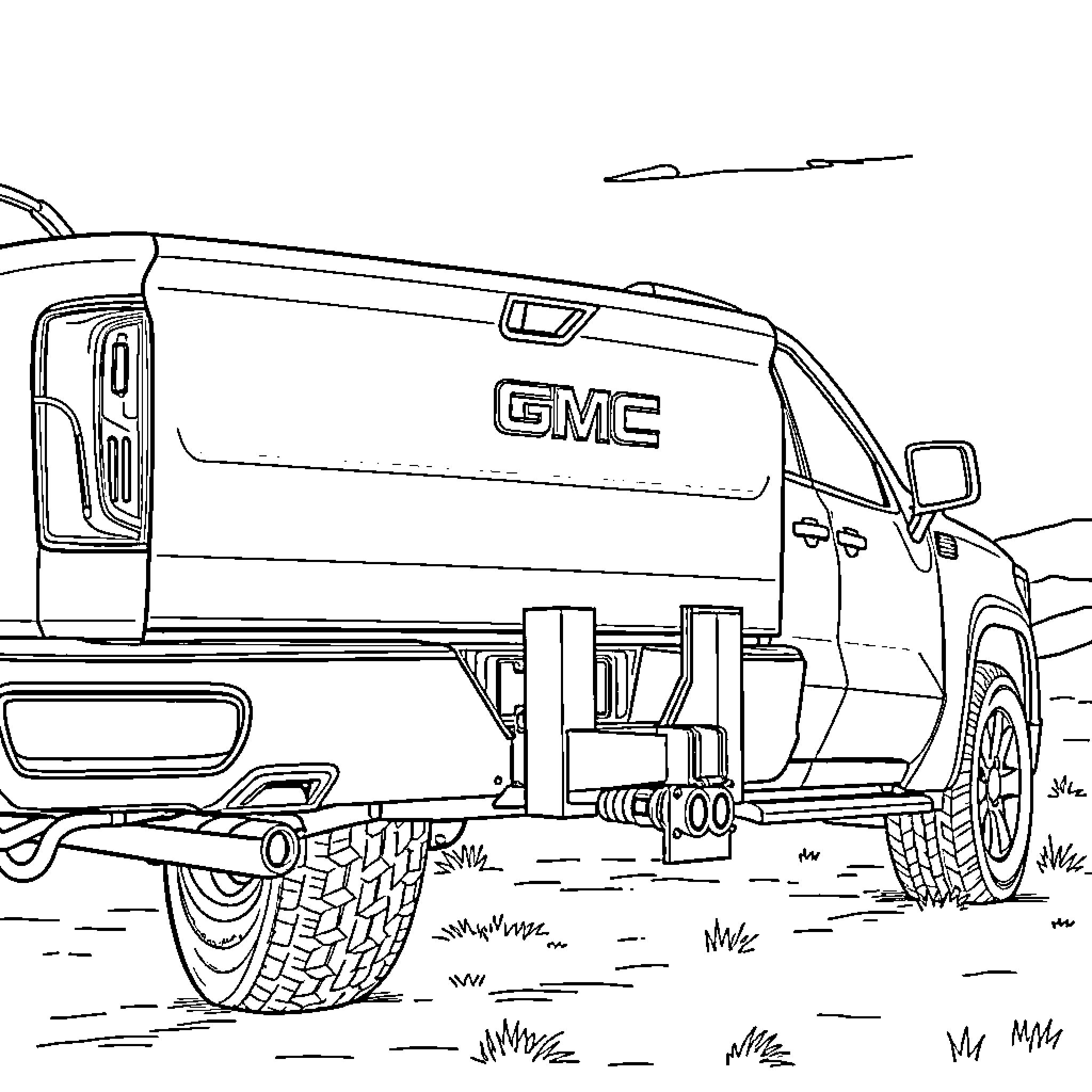 GMC Truck Parked on the Rugged Terrain Coloring Page (free black-and-white line drawing printable PDF for all, from beginners to advanced learners, including children, teens, adults, and seniors)