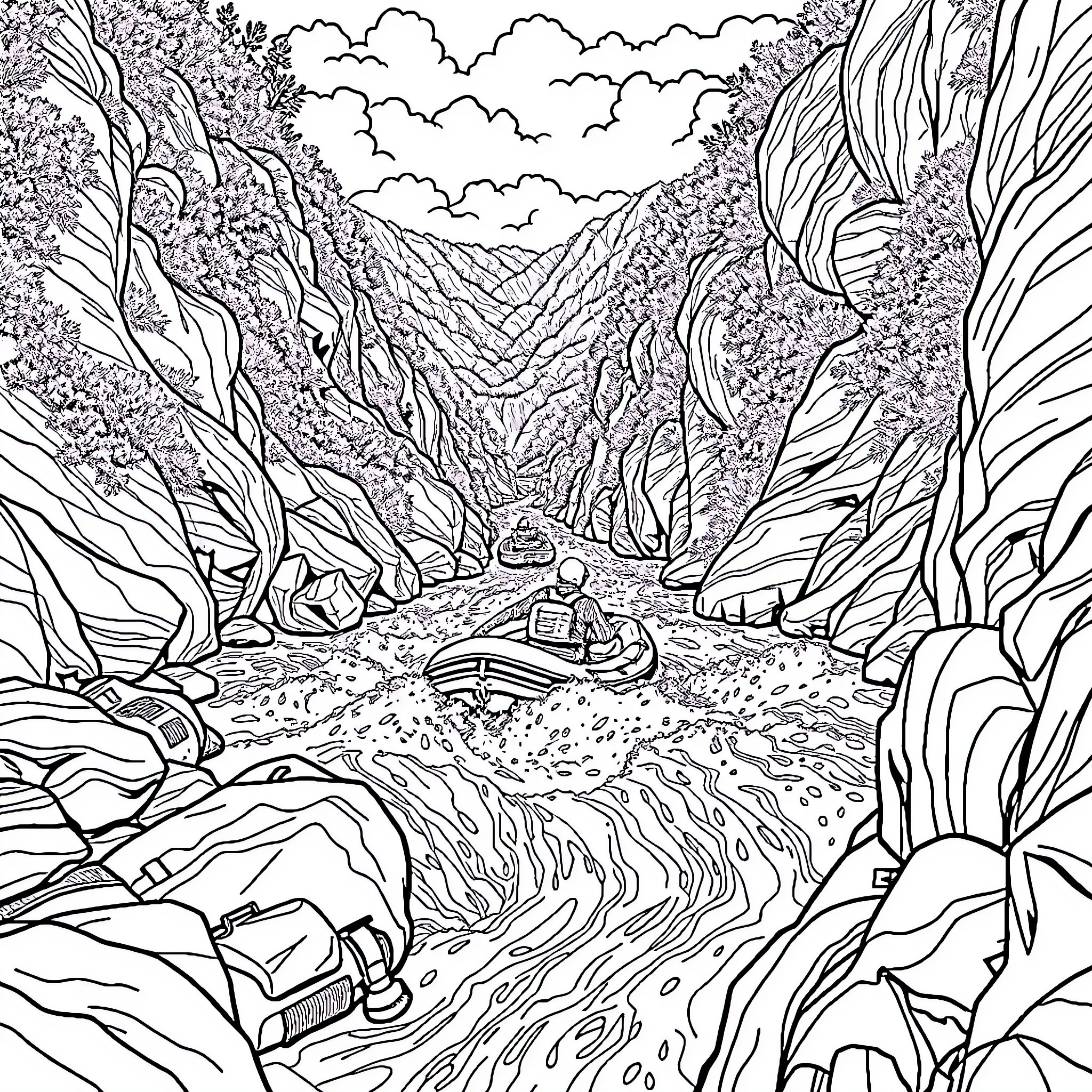 River Adventure Through Rugged Terrain Coloring Page (free black-and-white line drawing printable PDF for all, from beginners to advanced learners, including children, teens, adults, and seniors)