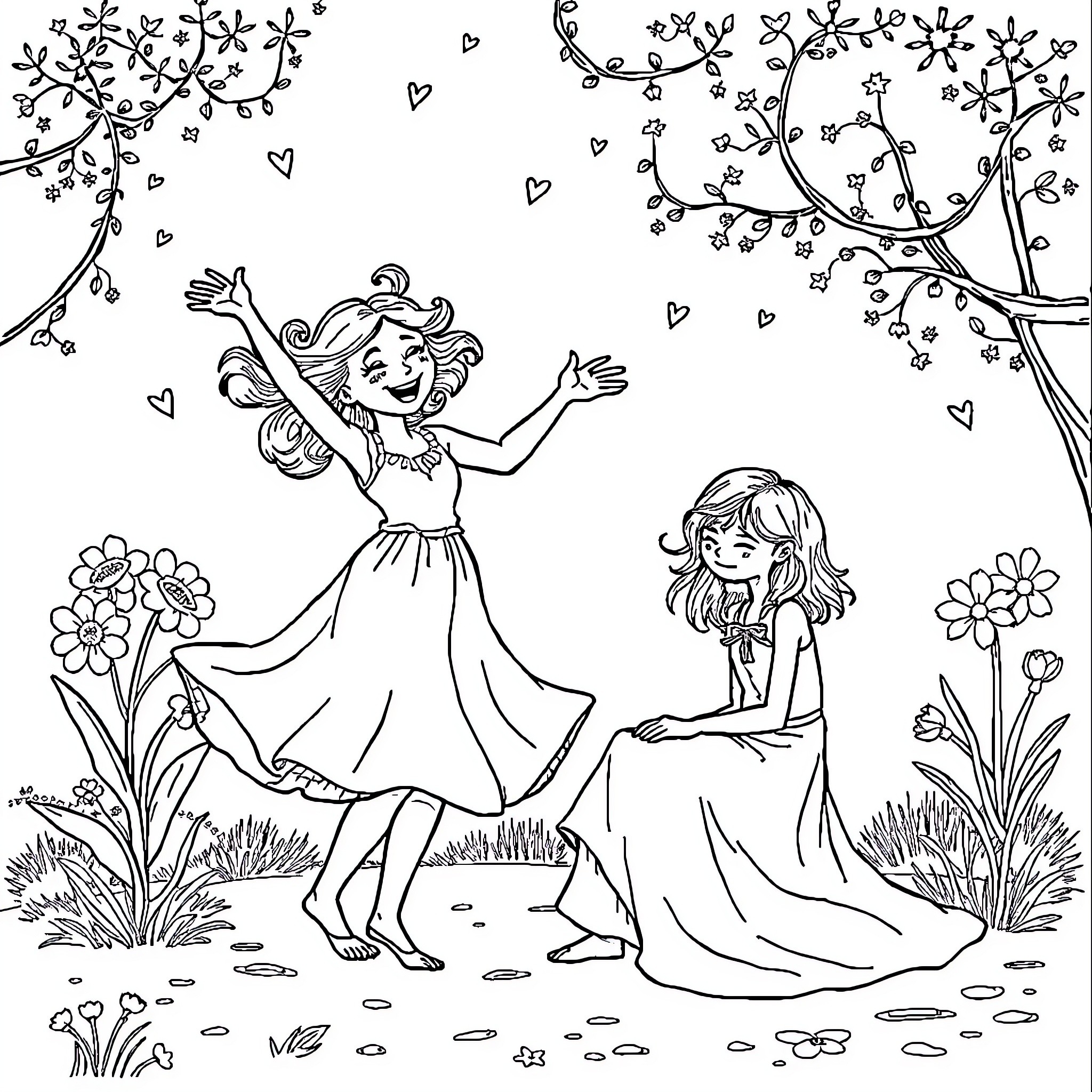 Joy of Spring's Embrace Coloring Page (free black-and-white line drawing printable PDF for all, from beginners to advanced learners, including children, teens, adults, and seniors)