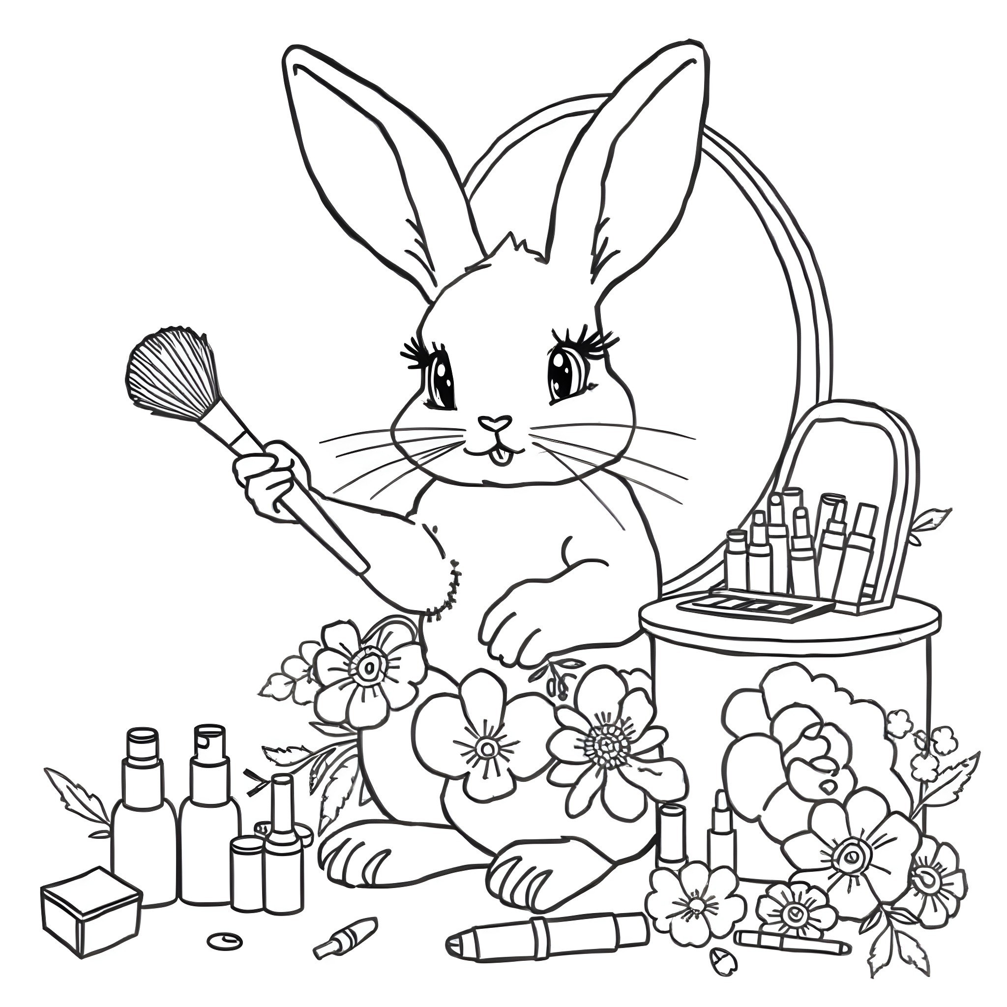 Rabbit artist with painting supplies in nature Coloring Page (free black-and-white line drawing printable PDF for all, from beginners to advanced learners, including children, teens, adults, and seniors)