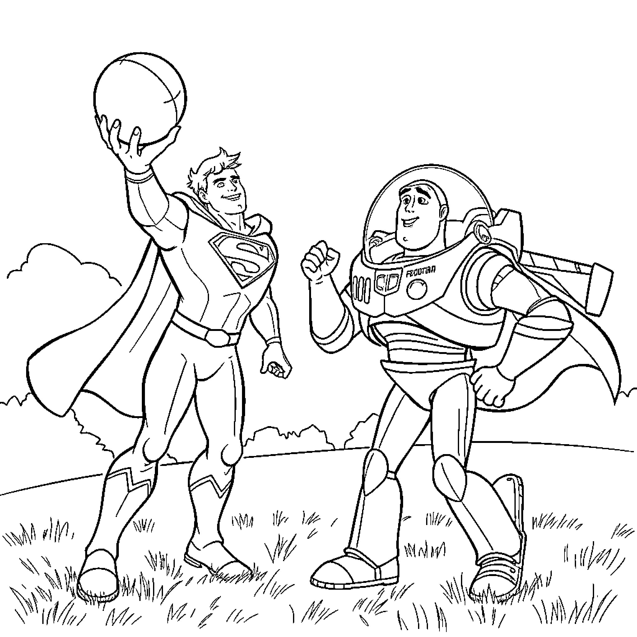 Superman interacting with Buzz Lightyear in an outdoor scene Coloring Page (free black-and-white line drawing printable PDF for all, from beginners to advanced learners, including children, teens, adults, and seniors)