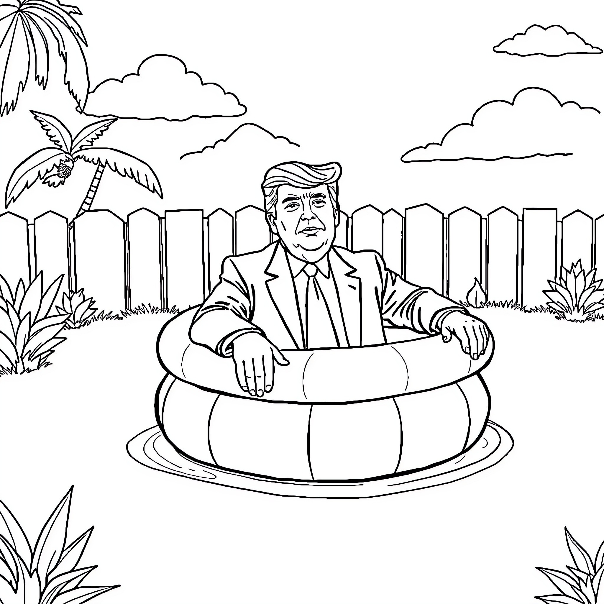 Donald Trump relaxing in an inflatable pool Coloring Page (free black-and-white line drawing printable PDF for all, from beginners to advanced learners, including children, teens, adults, and seniors)