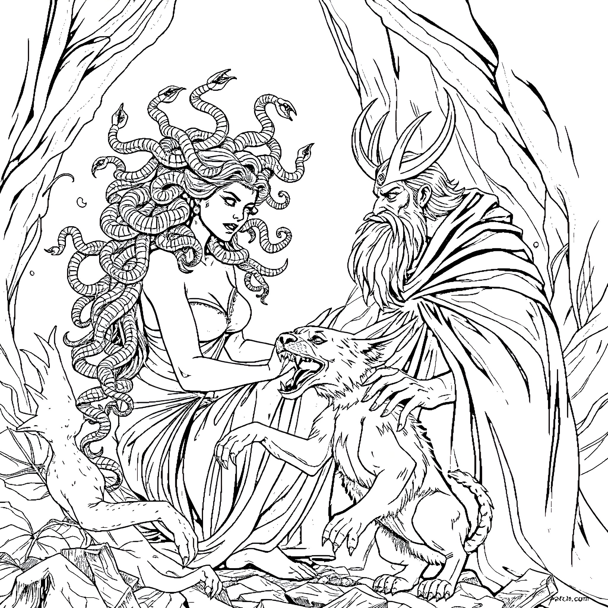 Medusa commanding mythical creatures in the wild Coloring Page (free black-and-white line drawing printable PDF for all, from beginners to advanced learners, including children, teens, adults, and seniors)