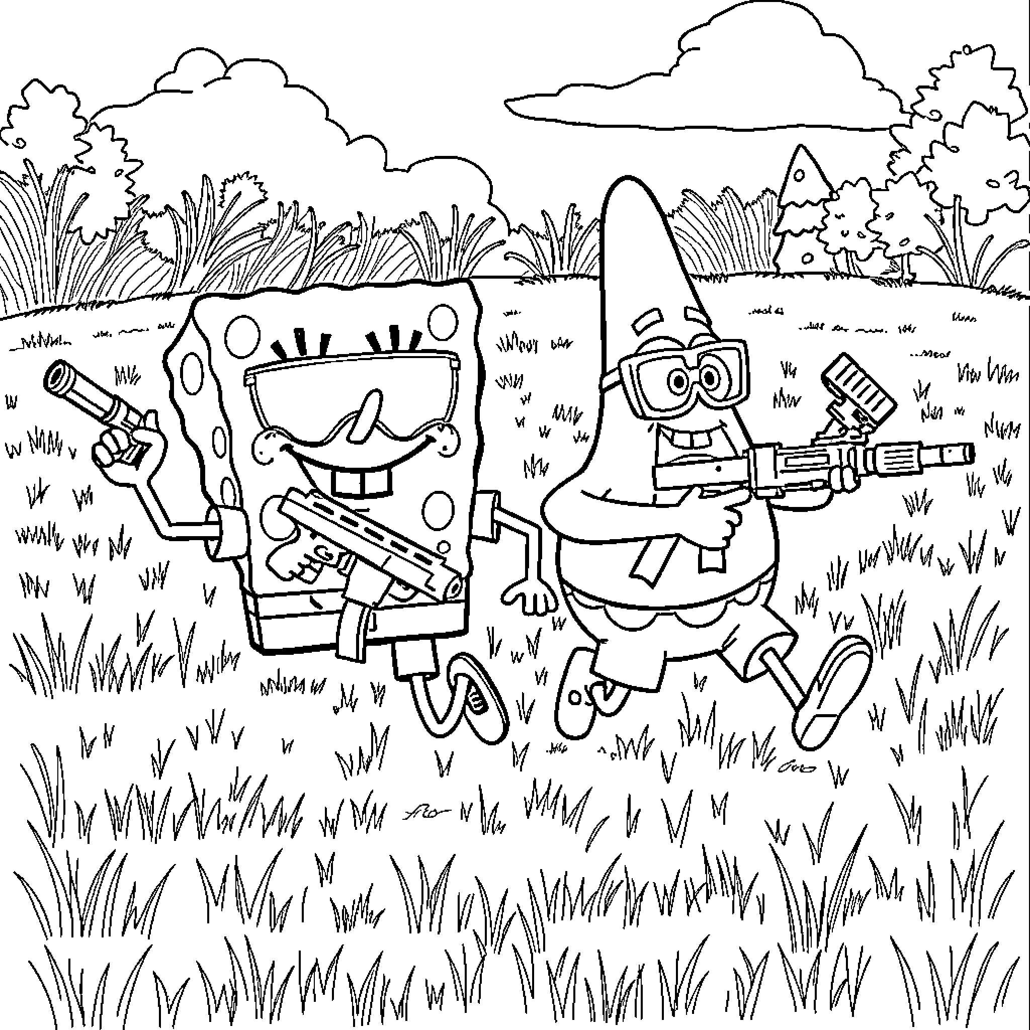 Spongebob and Patrick Playing Outdoors Coloring Page (free black-and-white line drawing printable PDF for all, from beginners to advanced learners, including children, teens, adults, and seniors)