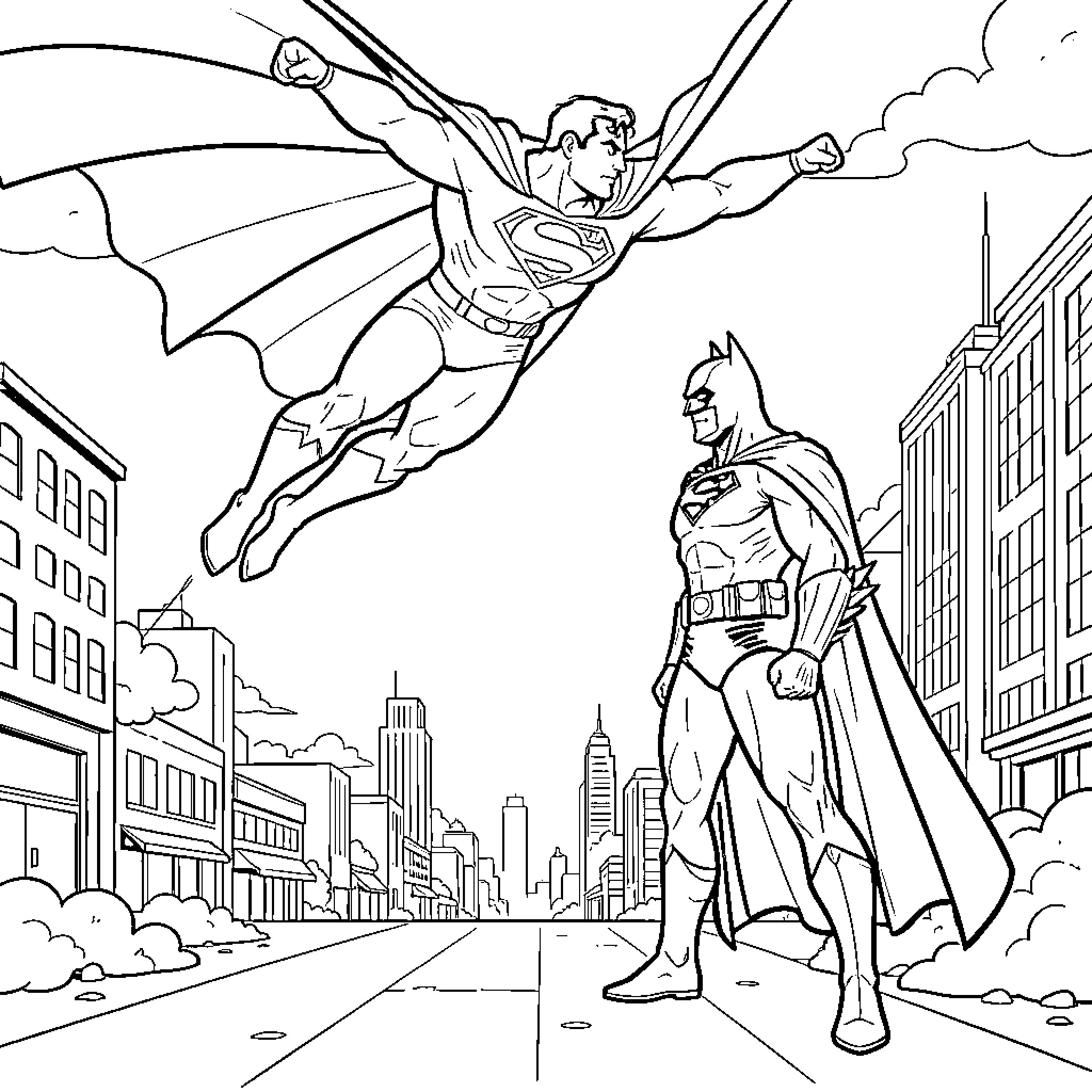 Superman and Batman in Action Coloring Page (free black-and-white line drawing printable PDF for all, from beginners to advanced learners, including children, teens, adults, and seniors)