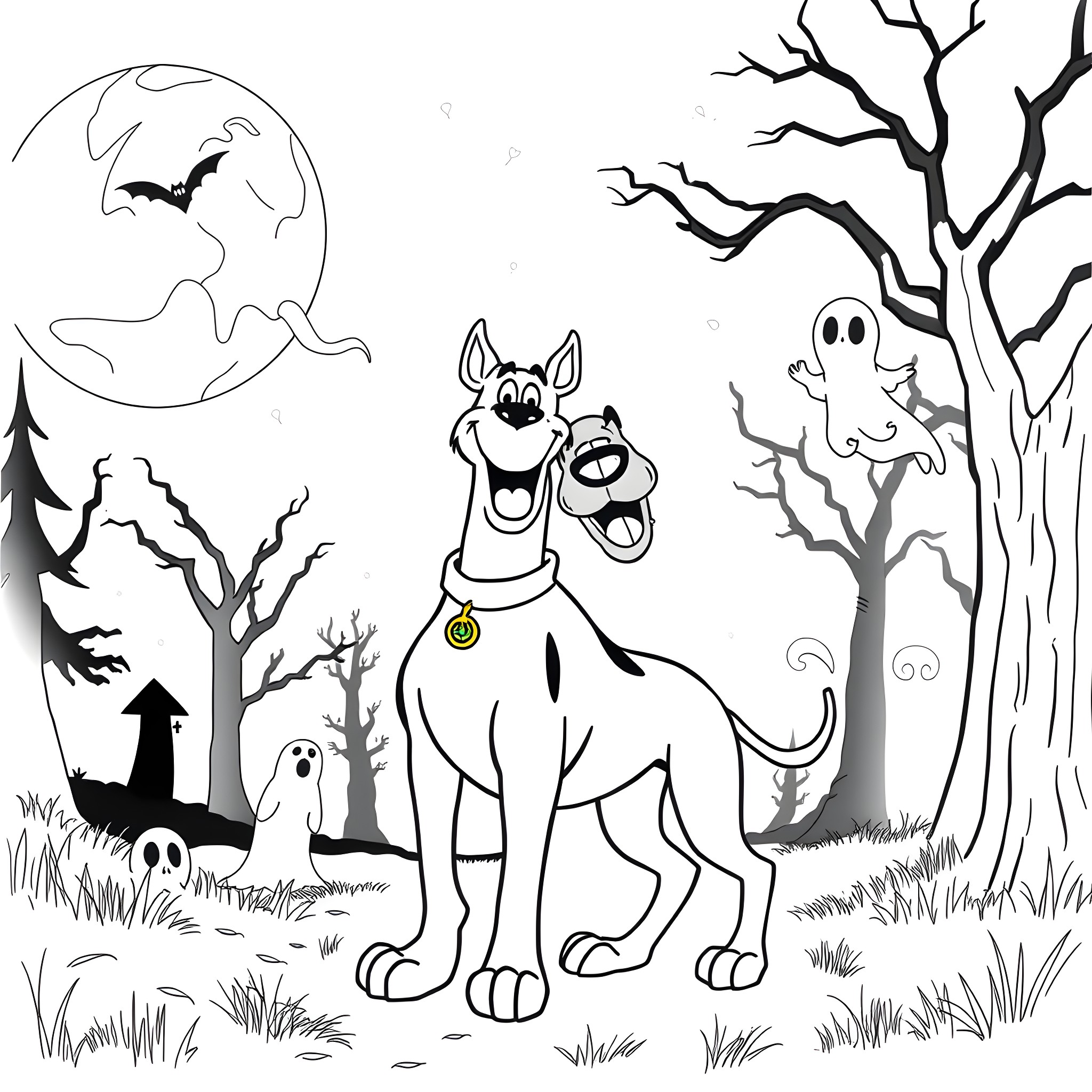 Scooby Doo and Friends in Spooky Woodland Scene Coloring Page (free black-and-white line drawing printable PDF for all, from beginners to advanced learners, including children, teens, adults, and seniors)