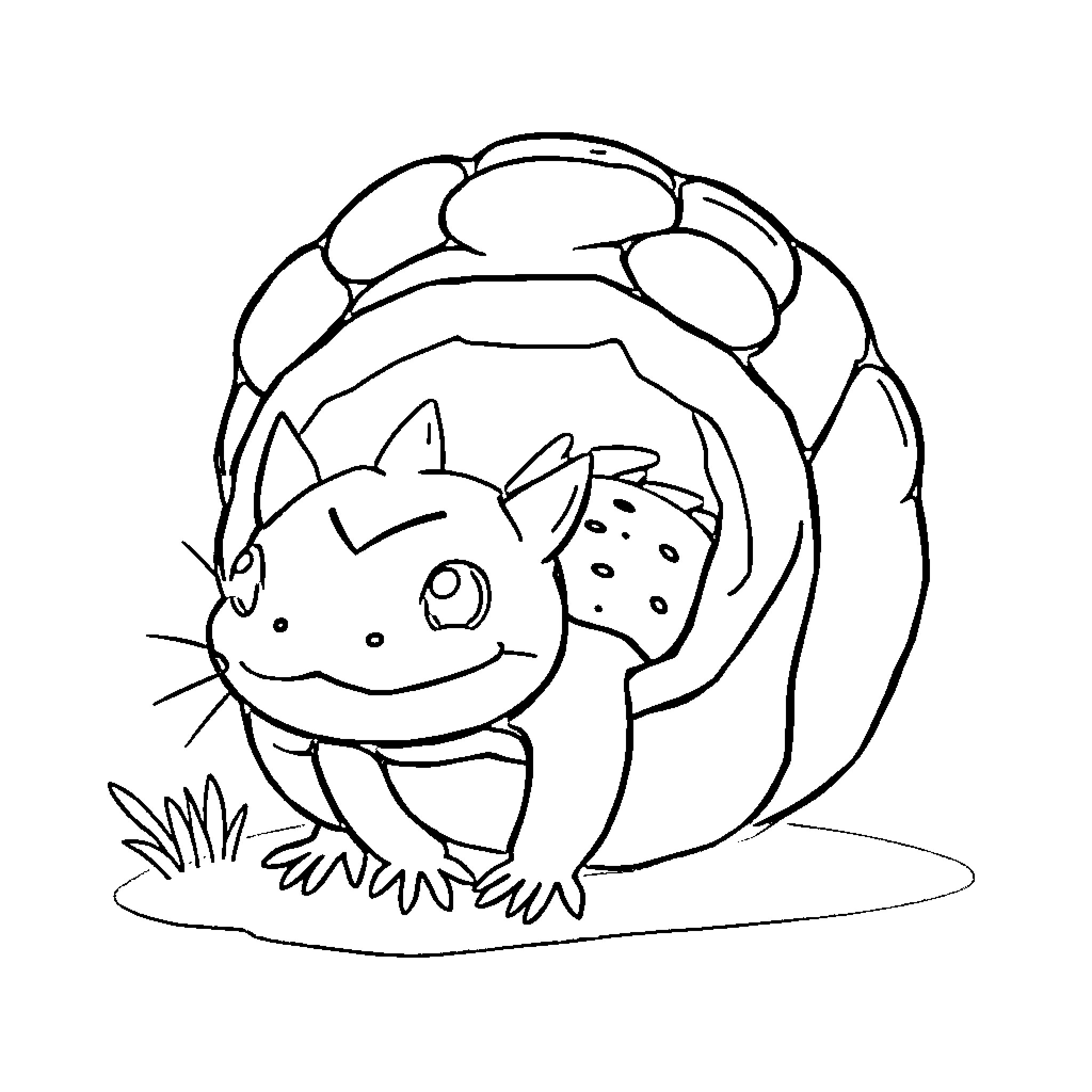 Axolotl peeking from flower petal cover Coloring Page (free black-and-white line drawing printable PDF for all, from beginners to advanced learners, including children, teens, adults, and seniors)