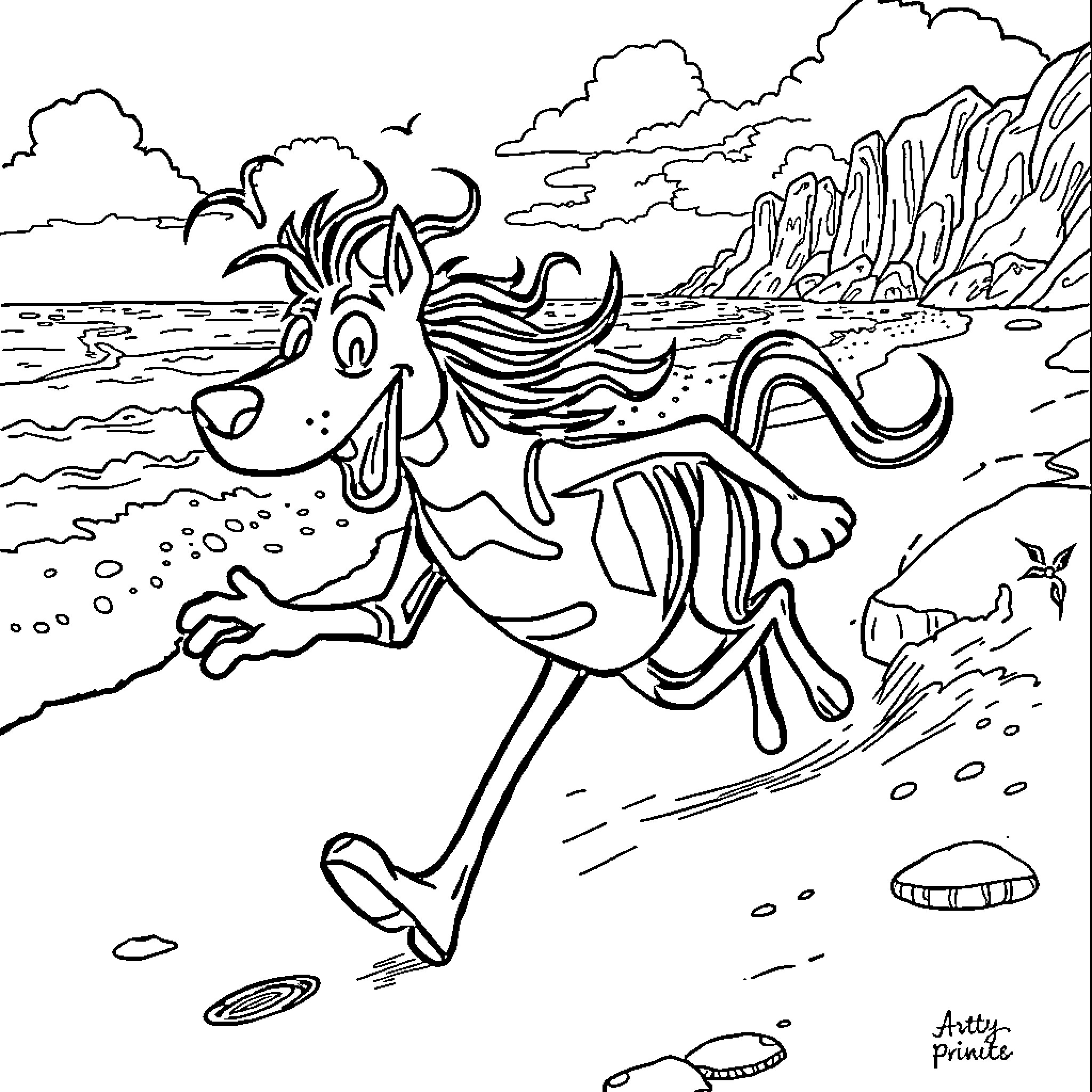 Dandy Zebra Running Happily on the Beach Coloring Page (free black-and-white line drawing printable PDF for all, from beginners to advanced learners, including children, teens, adults, and seniors)