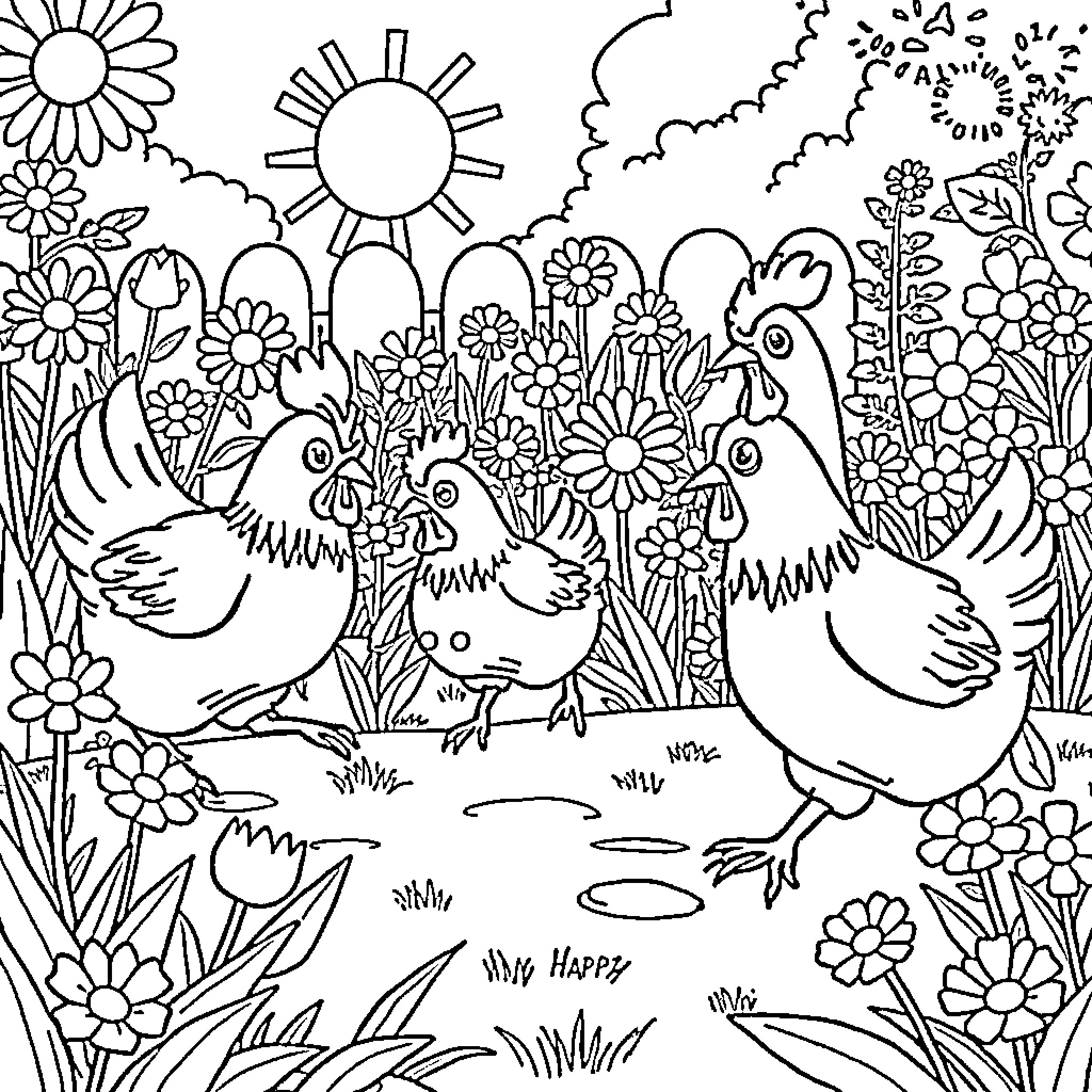 Chicken playing in the garden with flowers Coloring Page (free black-and-white line drawing printable PDF for all, from beginners to advanced learners, including children, teens, adults, and seniors)
