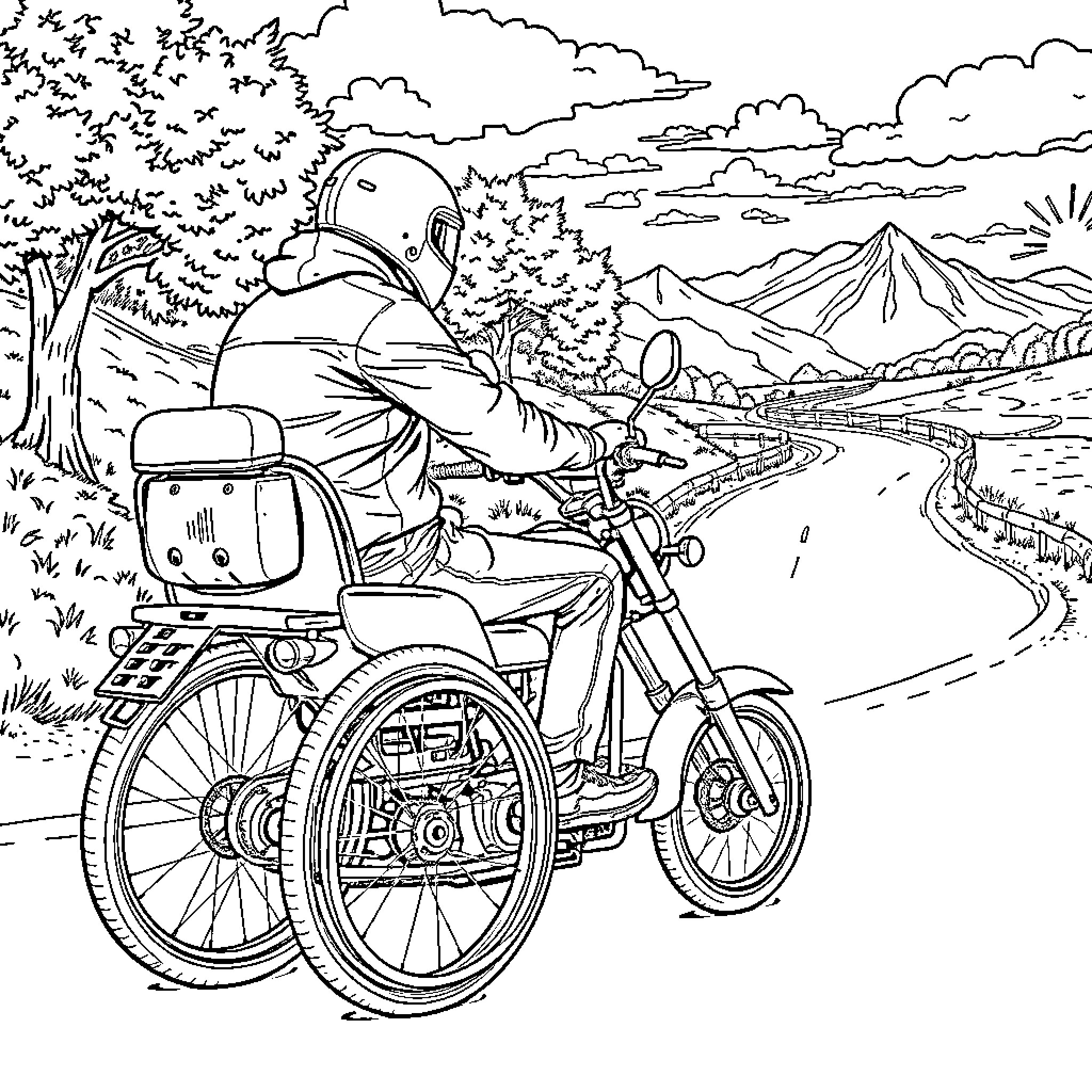 Guy riding three-wheeled motorcycle through scenic landscape Coloring Page (free black-and-white line drawing printable PDF for all, from beginners to advanced learners, including children, teens, adults, and seniors)