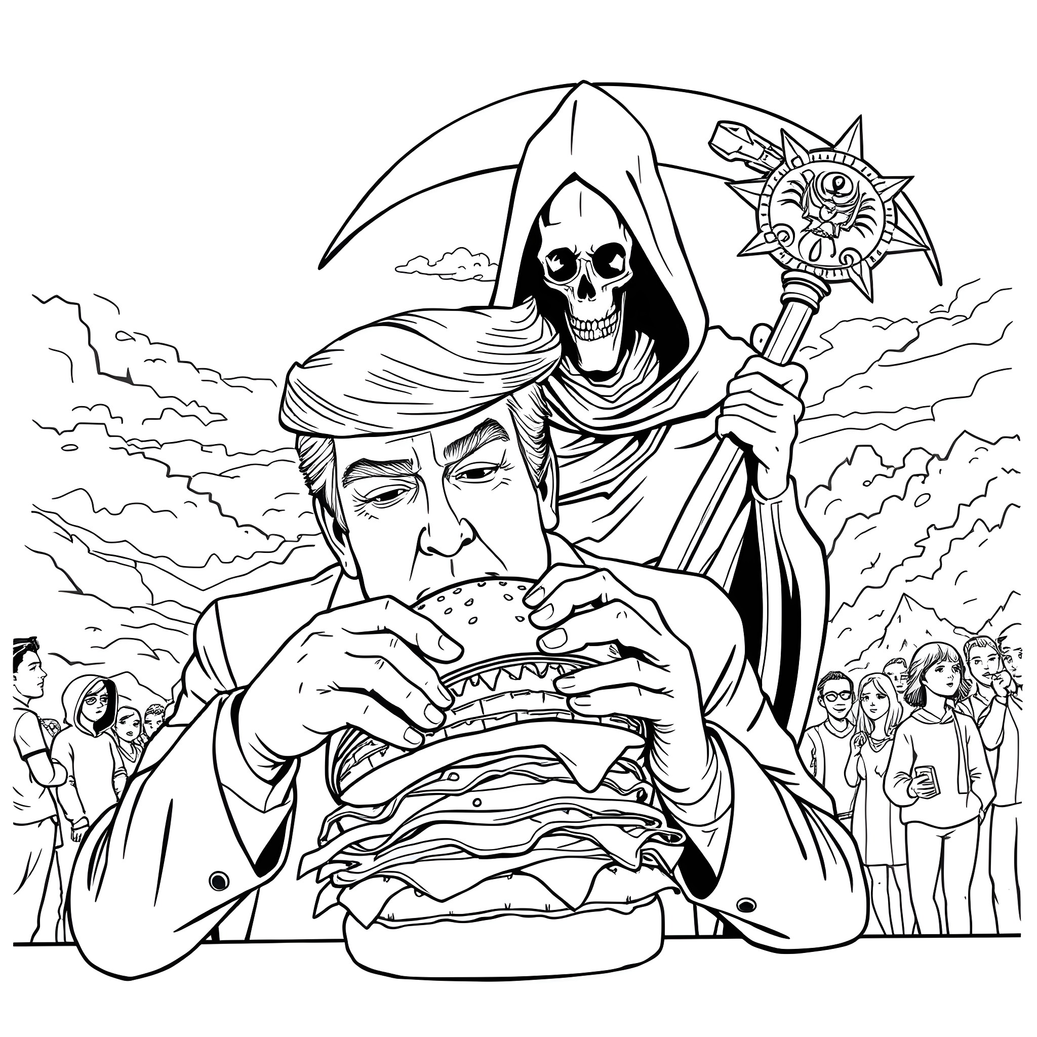 Donald Trump devouring a burger with the Grim Reaper looming over him Coloring Page (free black-and-white line drawing printable PDF for all, from beginners to advanced learners, including children, teens, adults, and seniors)