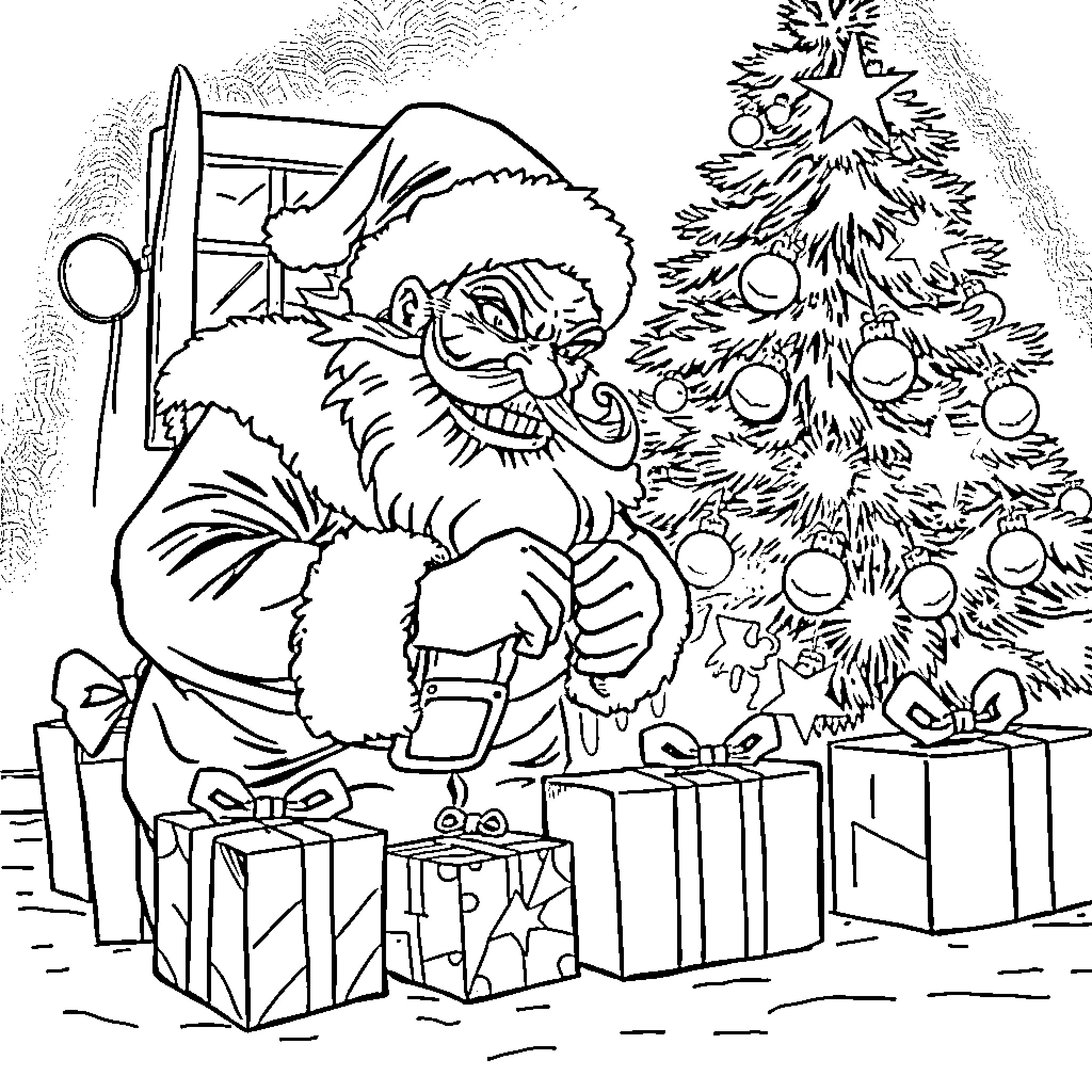 Santa decorating Christmas tree with presents Coloring Page (free black-and-white line drawing printable PDF for all, from beginners to advanced learners, including children, teens, adults, and seniors)