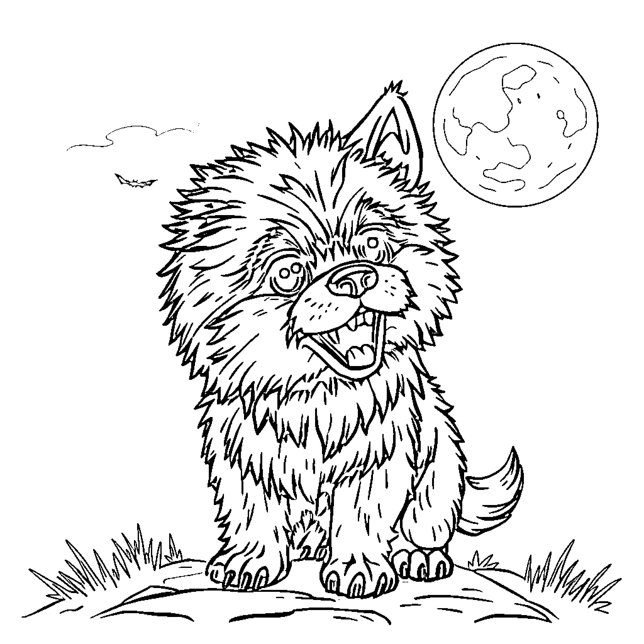 Werewolf howling at the moon Coloring Page (free black-and-white line drawing printable PDF for all, from beginners to advanced learners, including children, teens, adults, and seniors)
