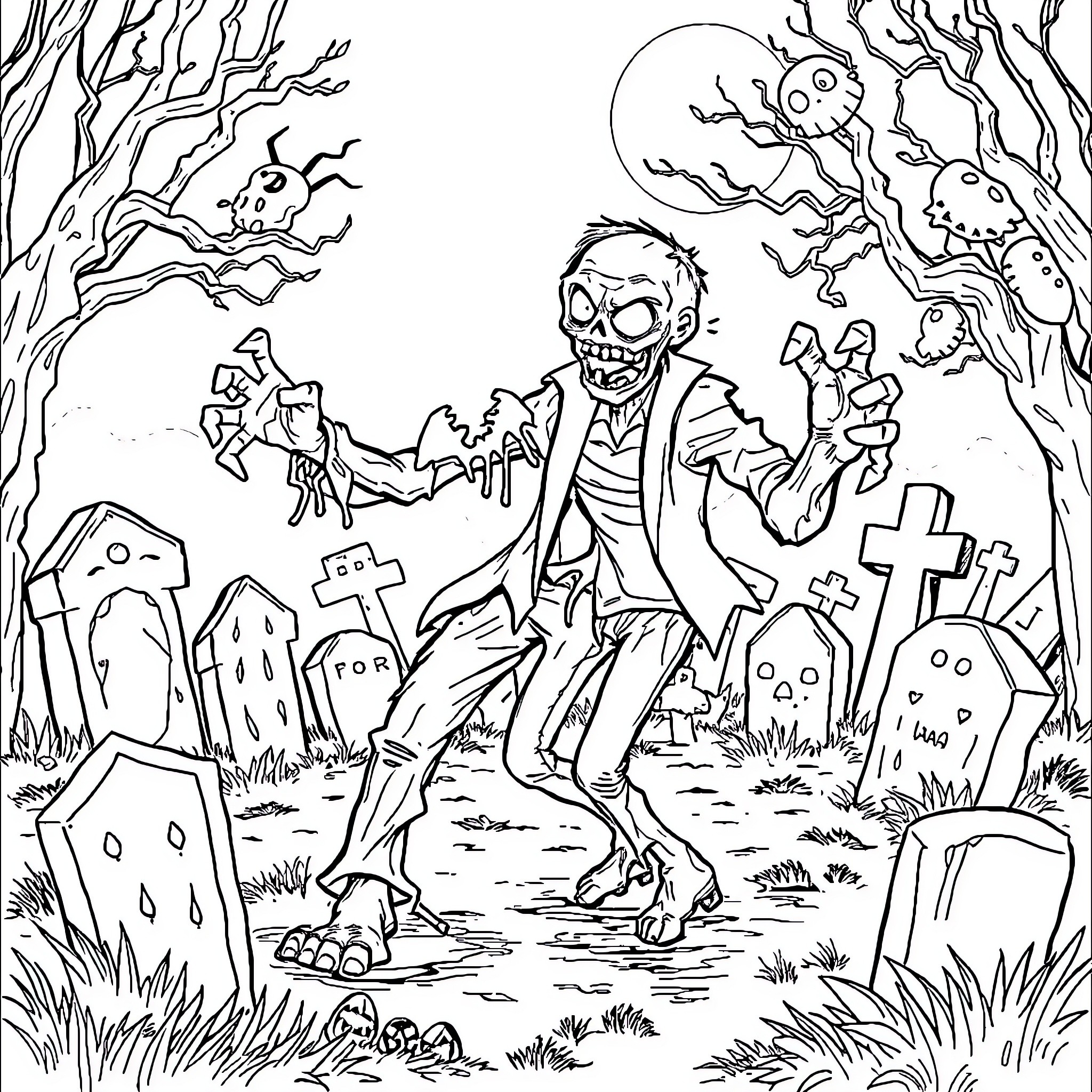 Zombie stumbling among the gravestones in a haunted cemetery Coloring Page (free black-and-white line drawing printable PDF for all, from beginners to advanced learners, including children, teens, adults, and seniors)