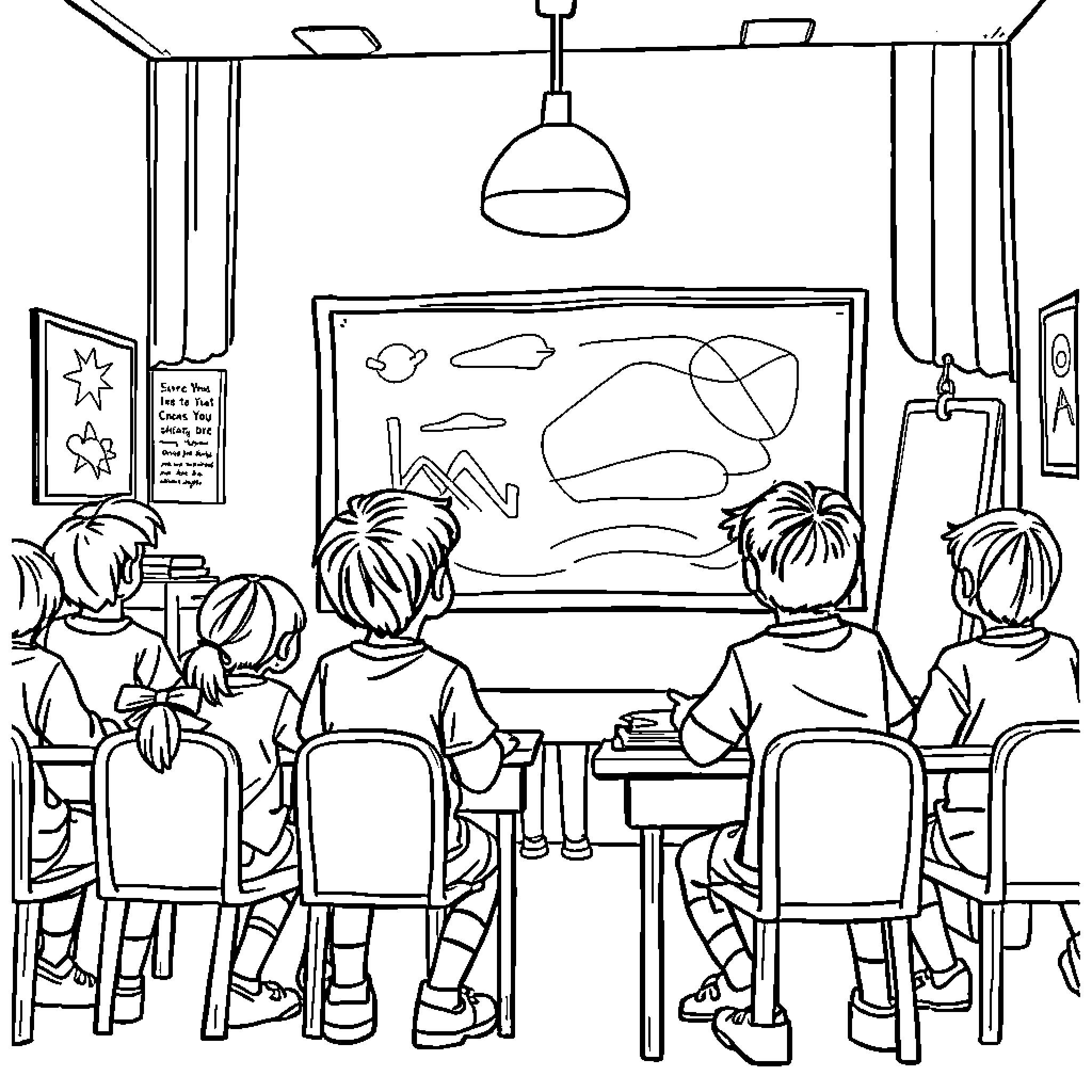 Girl students engaged in art class Coloring Page (free black-and-white line drawing printable PDF for all, from beginners to advanced learners, including children, teens, adults, and seniors)