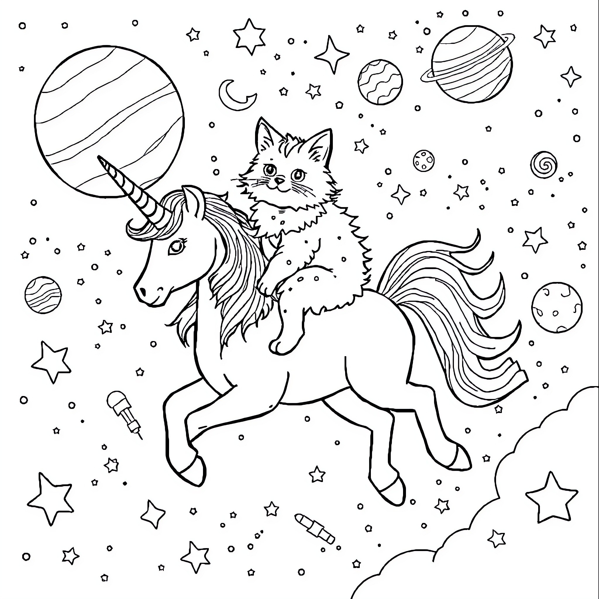 Cat riding a unicorn in the cosmic space Coloring Page (free black-and-white line drawing printable PDF for all, from beginners to advanced learners, including children, teens, adults, and seniors)