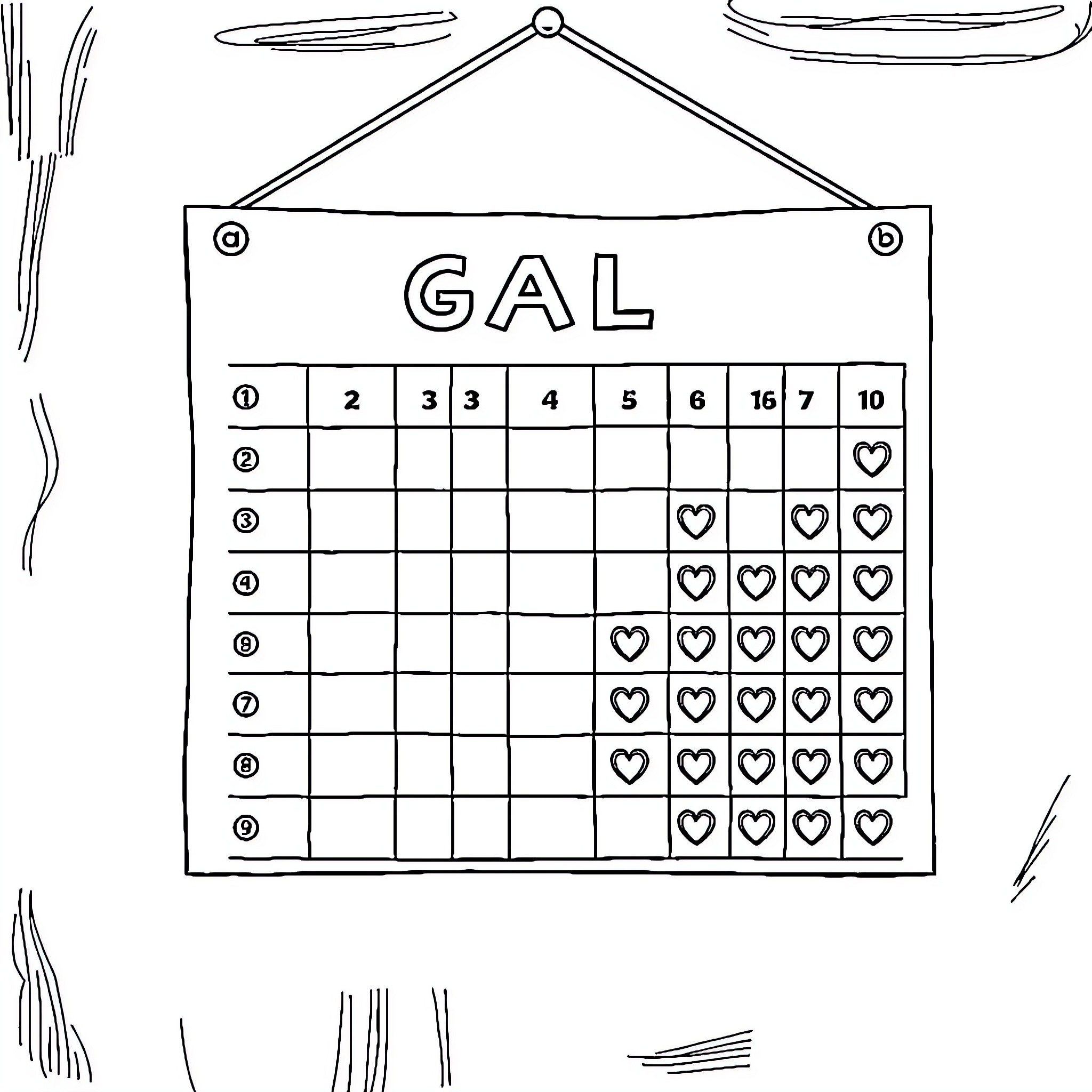 Goal Tracking Board with Numerical Scoring Coloring Page (free black-and-white line drawing printable PDF for all, from beginners to advanced learners, including children, teens, adults, and seniors)