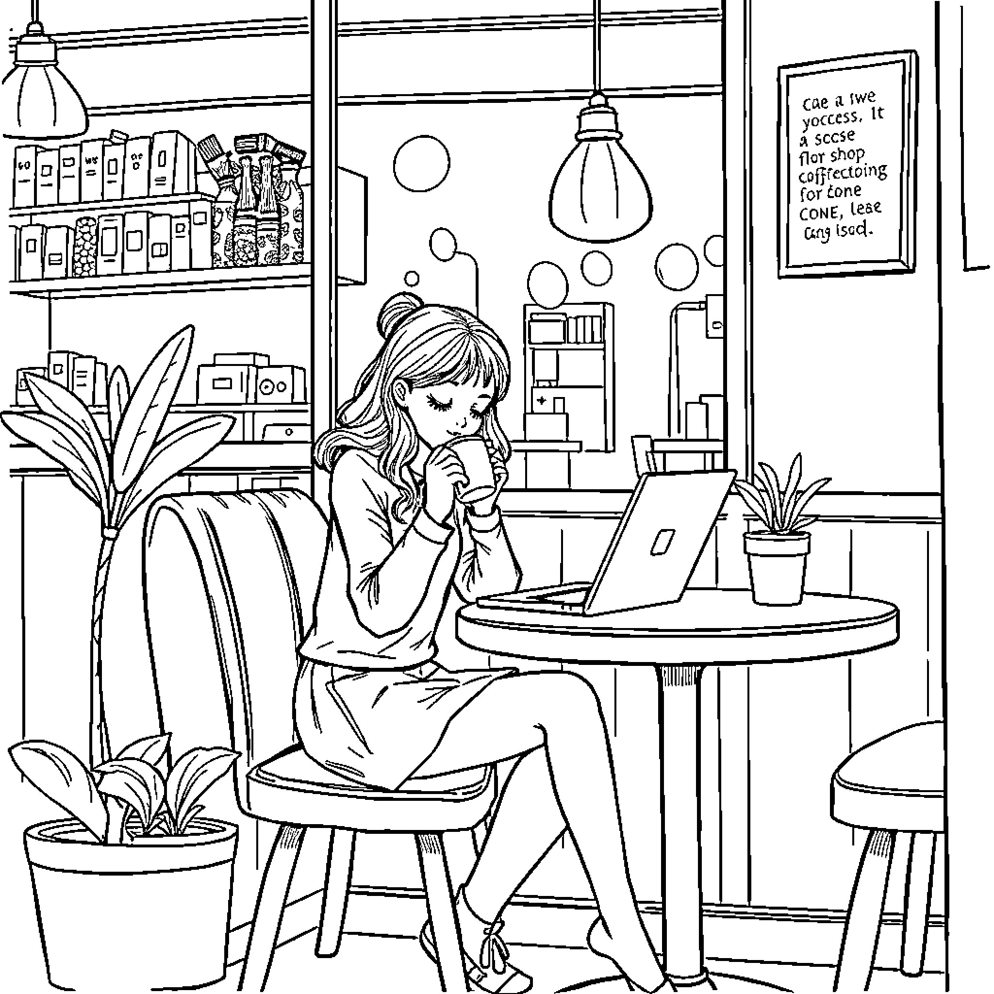Girl working diligently on laptop in cozy cafe Coloring Page (free black-and-white line drawing printable PDF for all, from beginners to advanced learners, including children, teens, adults, and seniors)