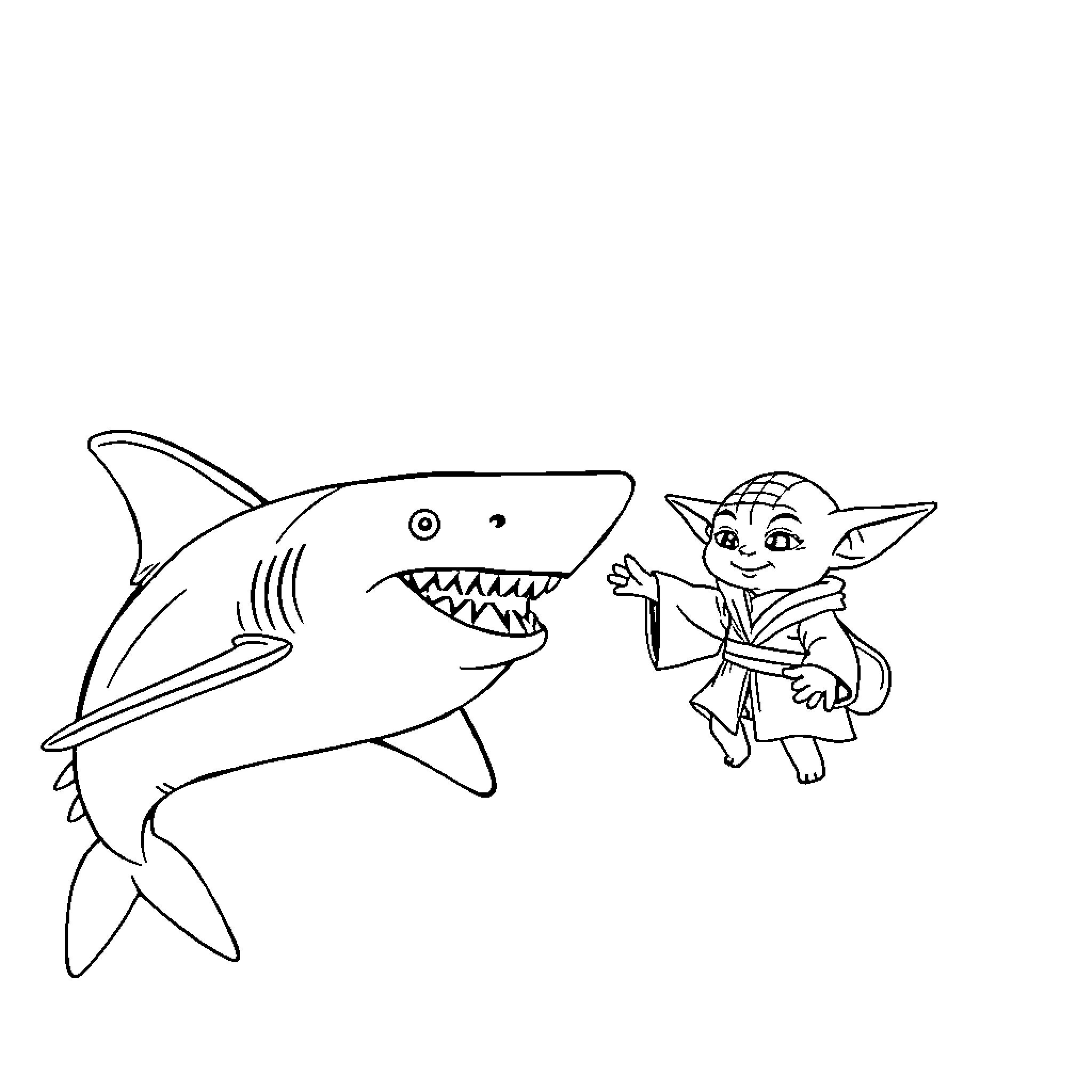 Yoda chasing a playful shark Coloring Page (free black-and-white line drawing printable PDF for all, from beginners to advanced learners, including children, teens, adults, and seniors)