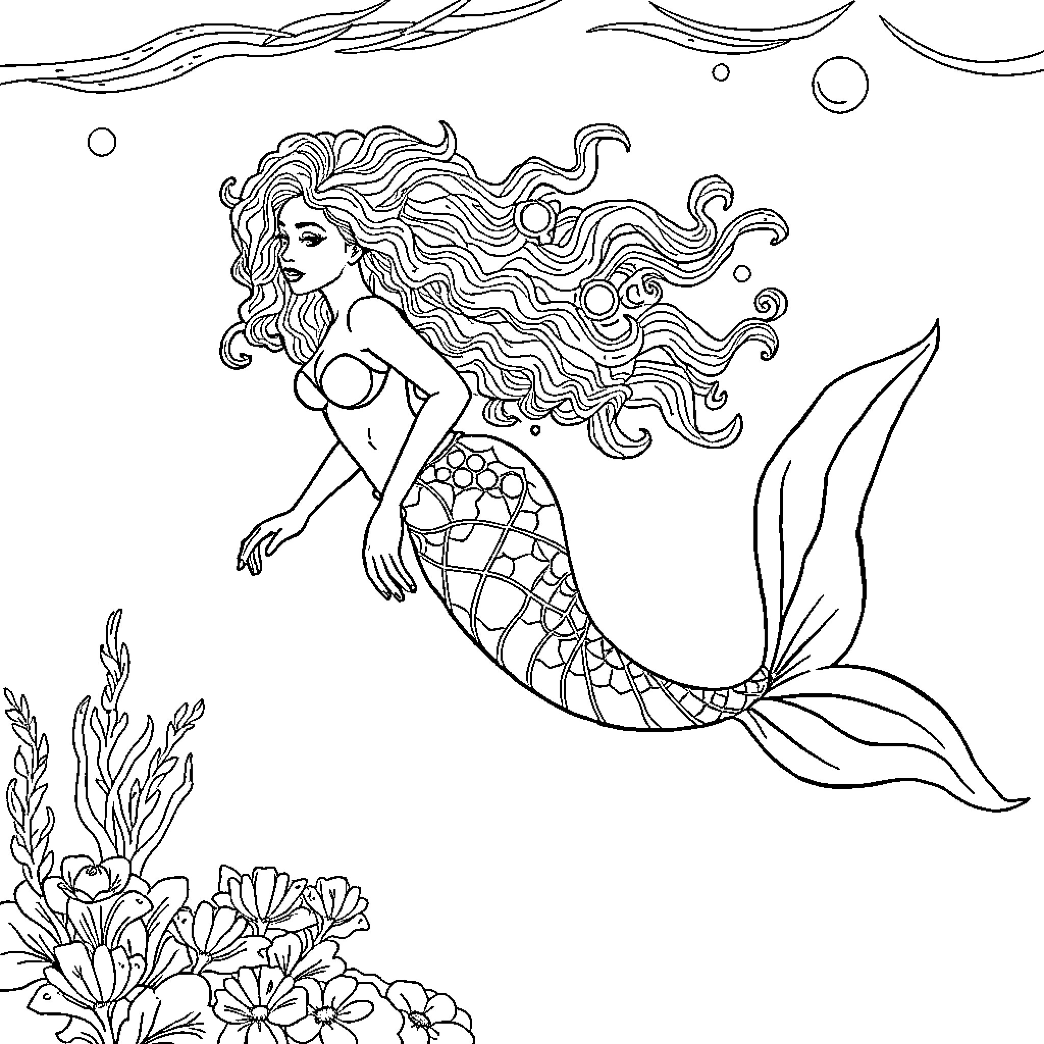 Mermaid with flowing hair exploring the underwater world Coloring Page (free black-and-white line drawing printable PDF for all, from beginners to advanced learners, including children, teens, adults, and seniors)