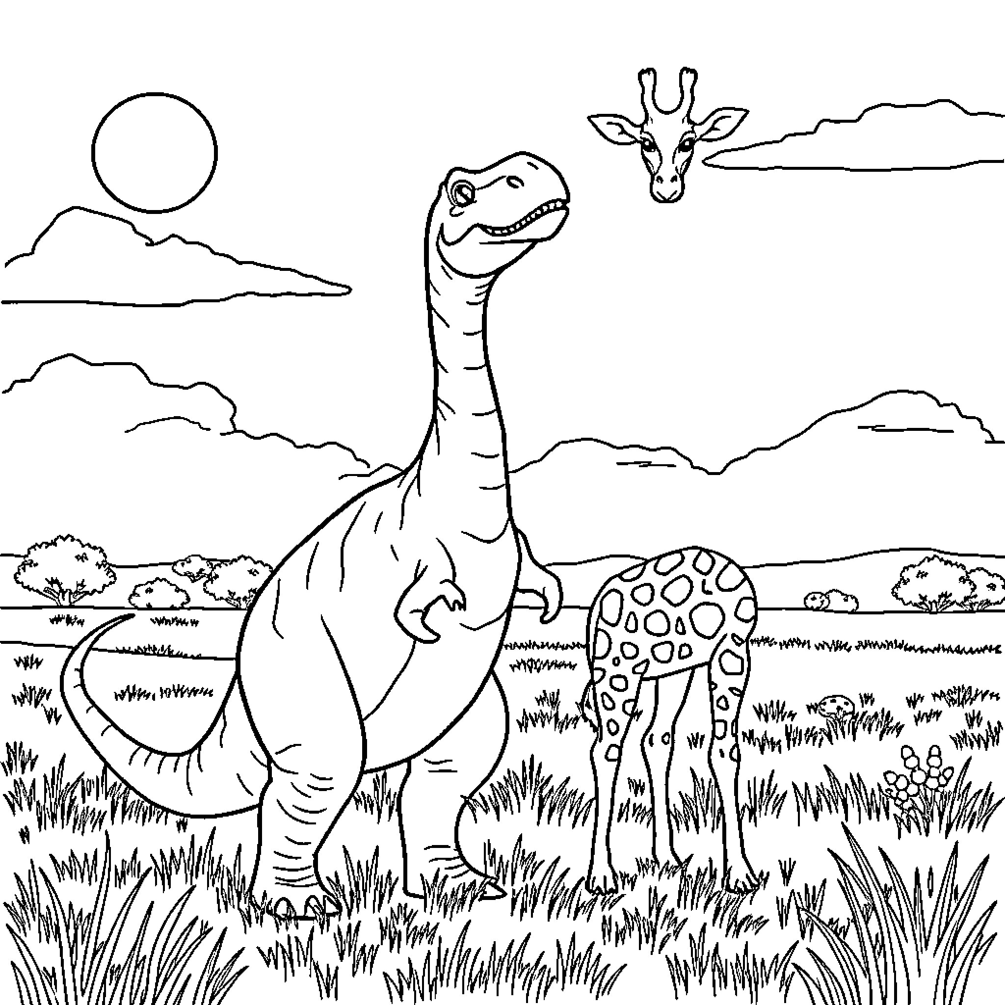 Dinosaur exploring lush grasslands with giraffe Coloring Page (free black-and-white line drawing printable PDF for all, from beginners to advanced learners, including children, teens, adults, and seniors)