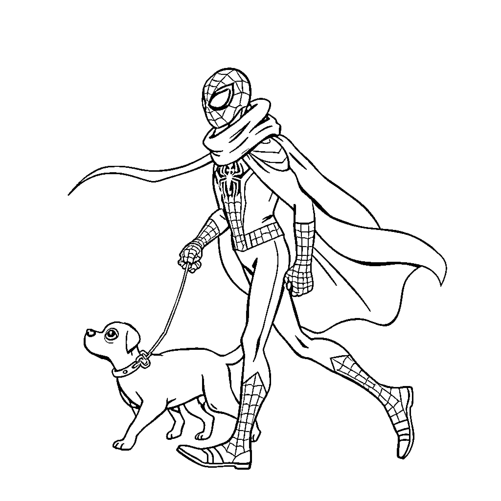 Spiderman walking a dog in costume Coloring Page (free black-and-white line drawing printable PDF for all, from beginners to advanced learners, including children, teens, adults, and seniors)