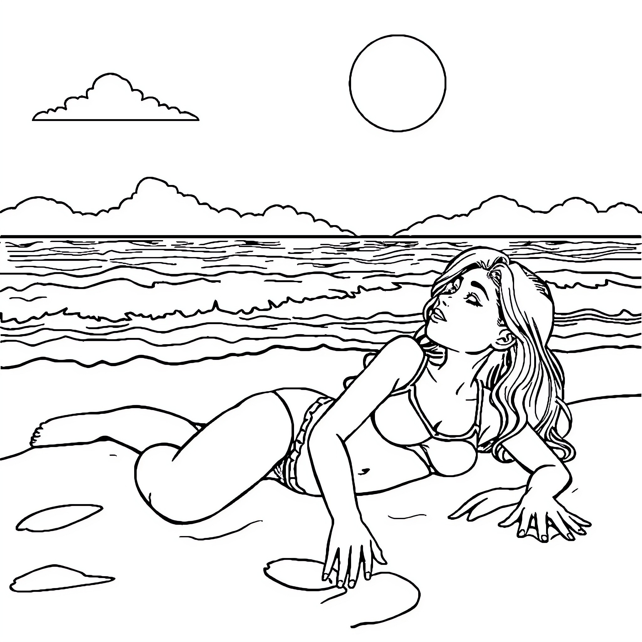 Girl relaxing on the beach at sunset Coloring Page (free black-and-white line drawing printable PDF for all, from beginners to advanced learners, including children, teens, adults, and seniors)