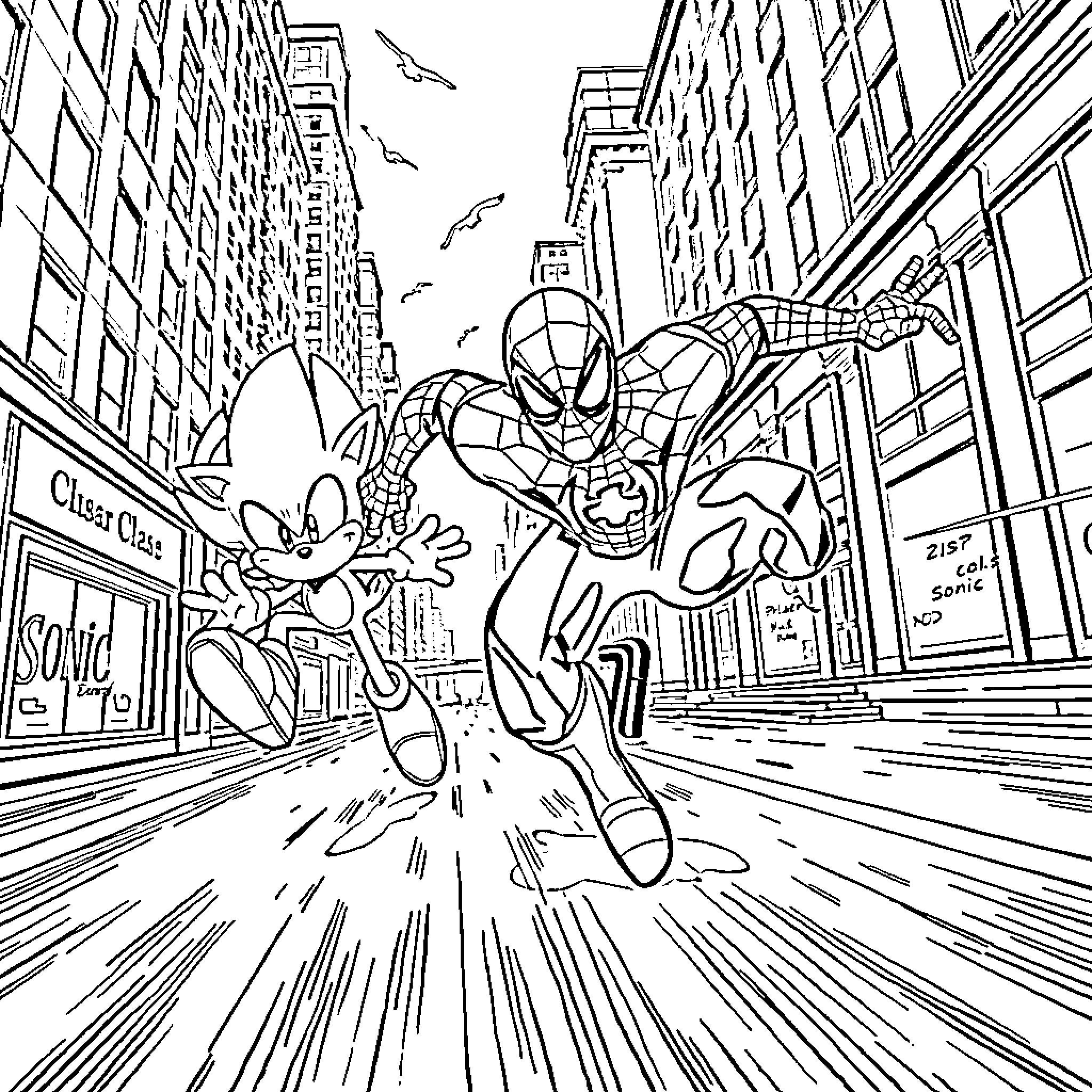 Spiderman swinging through the city with Sonic Coloring Page (free black-and-white line drawing printable PDF for all, from beginners to advanced learners, including children, teens, adults, and seniors)