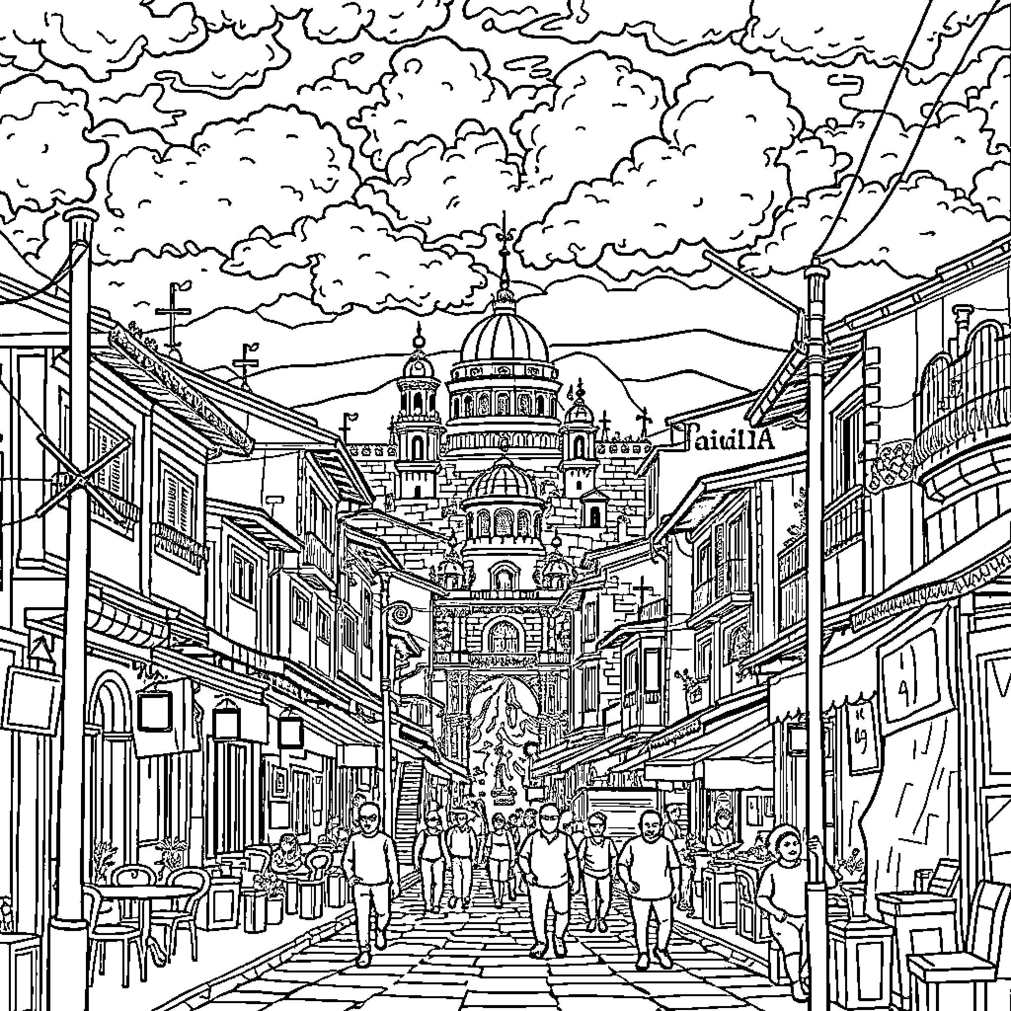 Maigra: Vibrant City Scene with Bustling Streets and Domed Structures Coloring Page (free black-and-white line drawing printable PDF for all, from beginners to advanced learners, including children, teens, adults, and seniors)