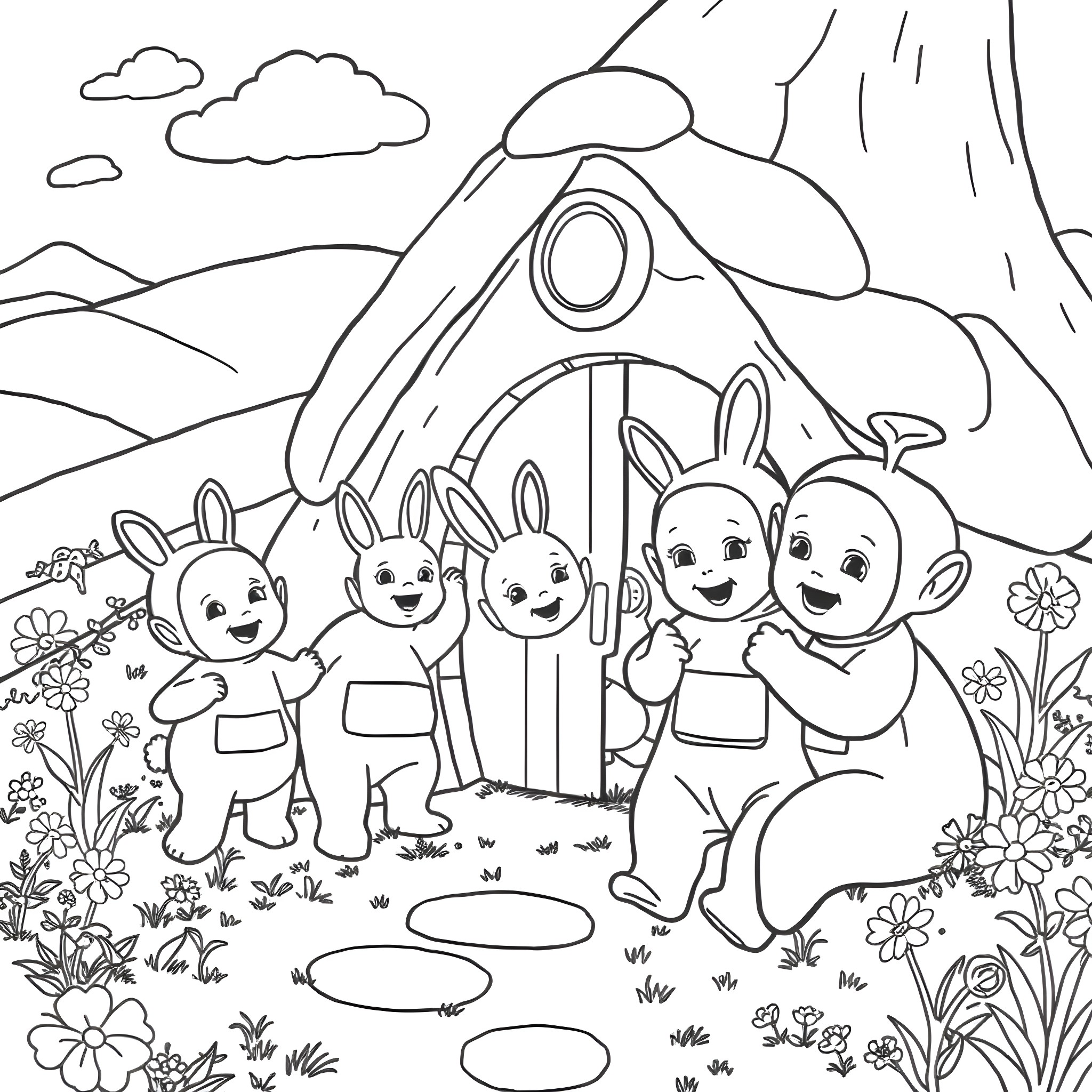 Teletubbies enjoying a playful adventure in the countryside Coloring Page (free black-and-white line drawing printable PDF for all, from beginners to advanced learners, including children, teens, adults, and seniors)