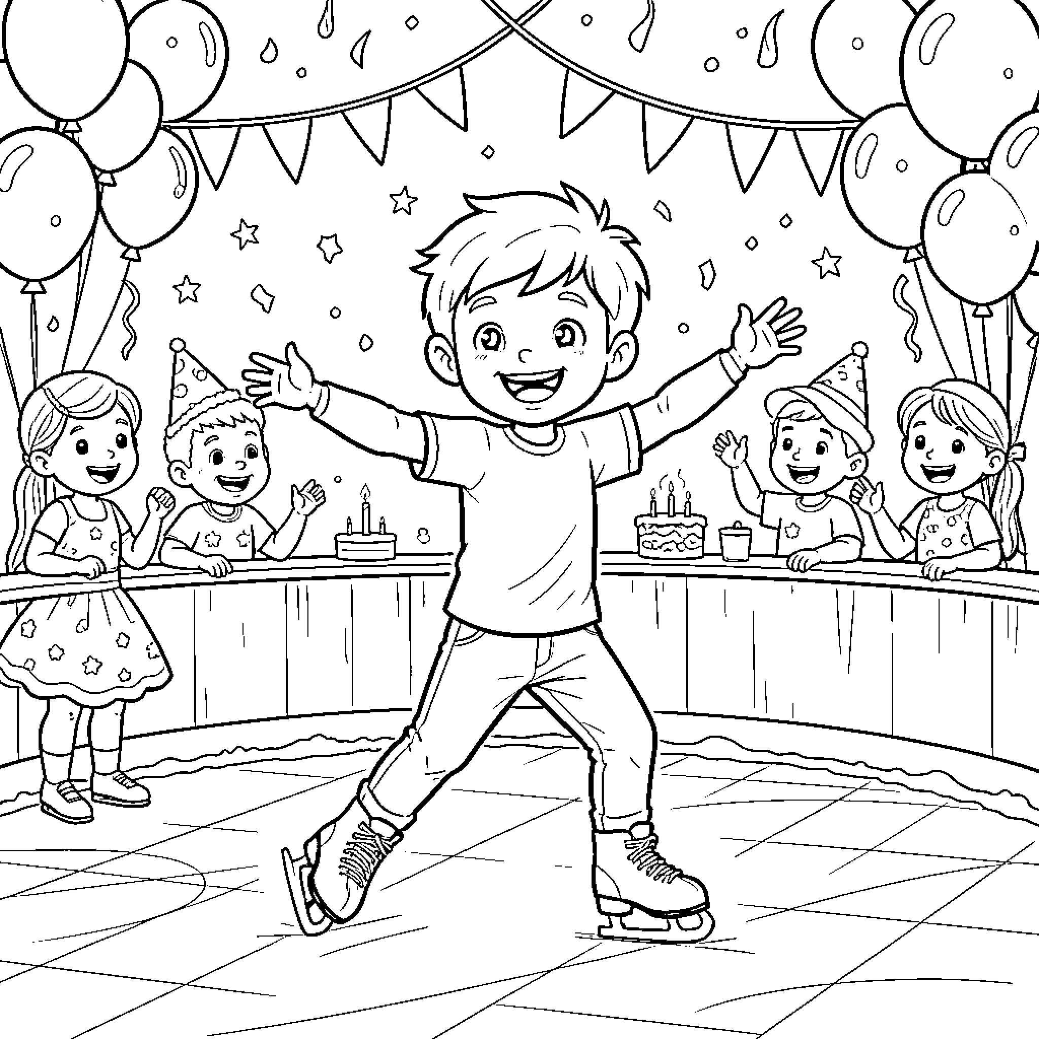 Boy celebrates birthday party with friends and balloons Coloring Page (free black-and-white line drawing printable PDF for all, from beginners to advanced learners, including children, teens, adults, and seniors)