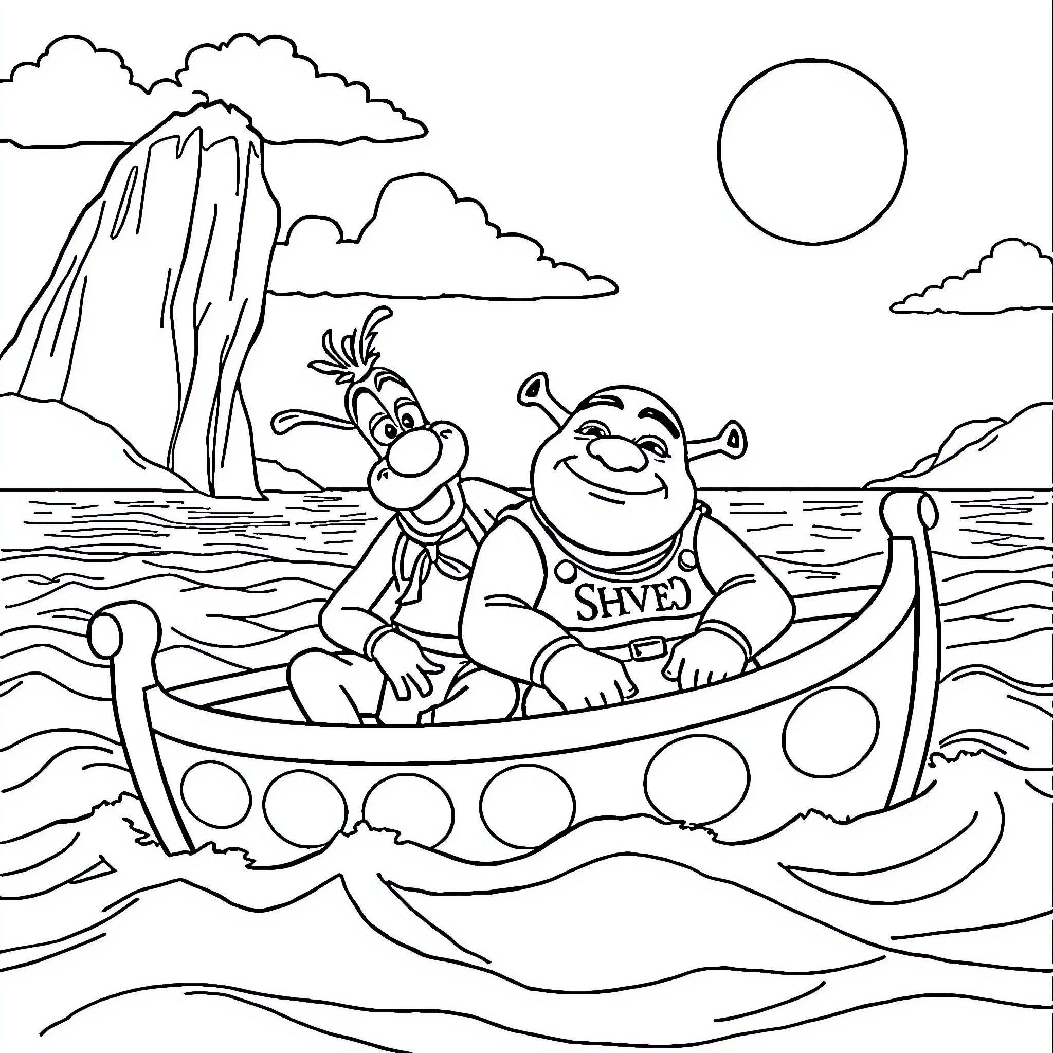 Goofy characters boating on the lake Coloring Page (free black-and-white line drawing printable PDF for all, from beginners to advanced learners, including children, teens, adults, and seniors)