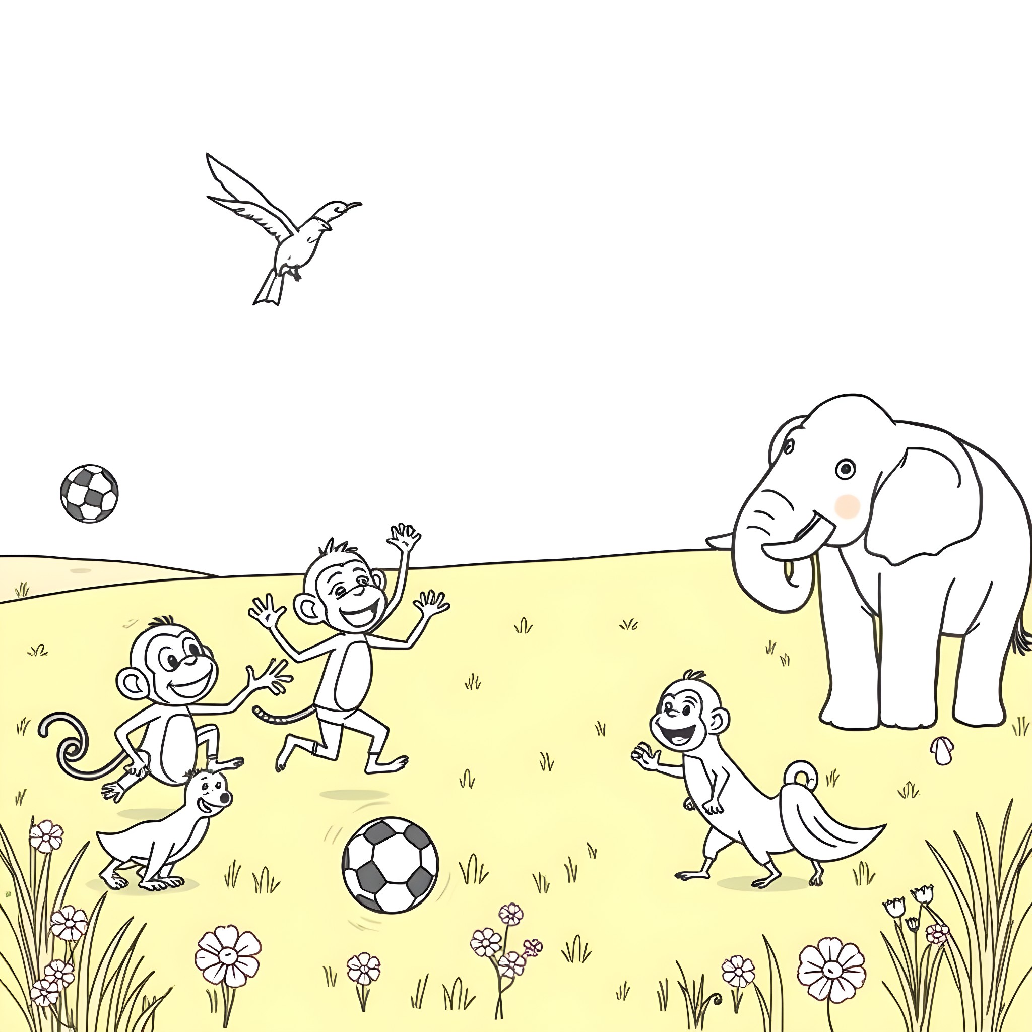 Animal friends playing and exploring in the wild Coloring Page (free black-and-white line drawing printable PDF for all, from beginners to advanced learners, including children, teens, adults, and seniors)