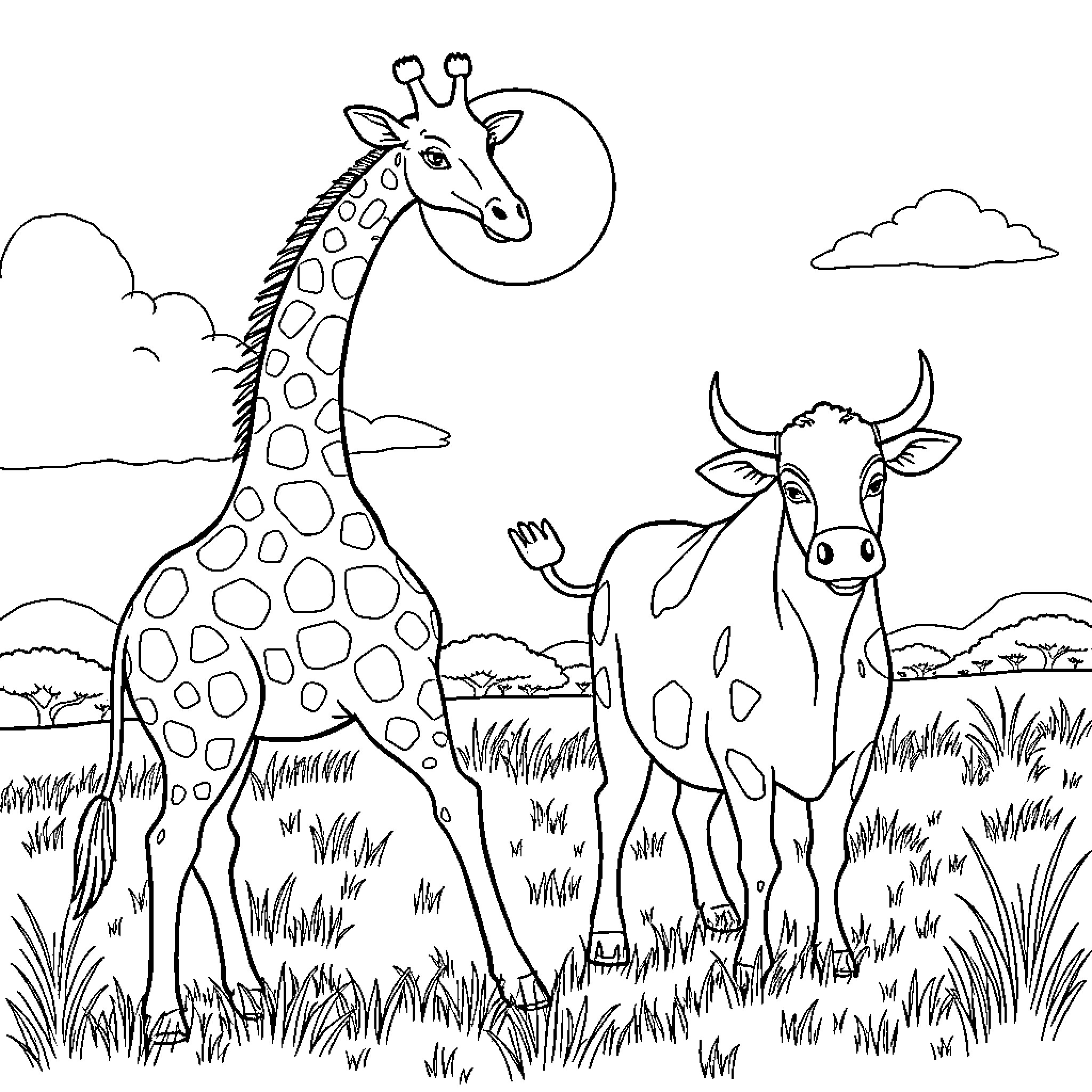 Giraffe and cow in a scenic landscape Coloring Page (free black-and-white line drawing printable PDF for all, from beginners to advanced learners, including children, teens, adults, and seniors)