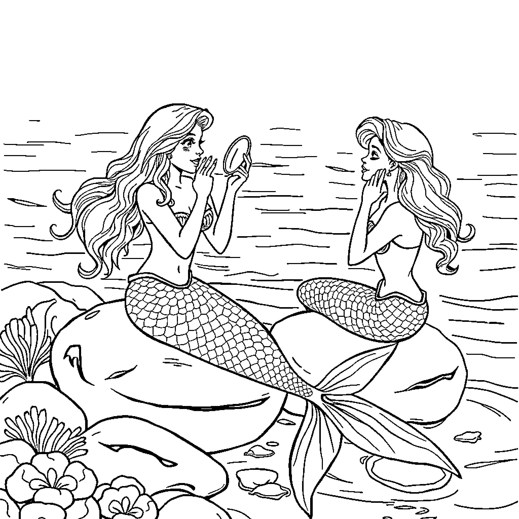 Mermaid friends conversing in the underwater garden Coloring Page (free black-and-white line drawing printable PDF for all, from beginners to advanced learners, including children, teens, adults, and seniors)