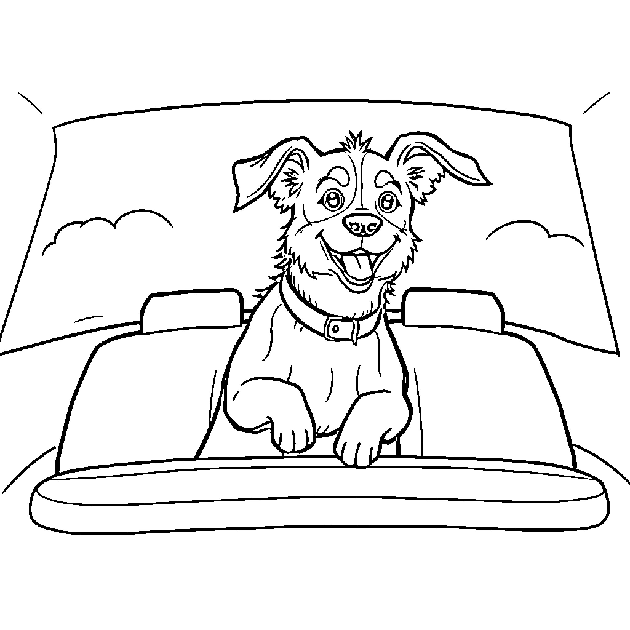 Dog enjoying a car ride with a happy expression Coloring Page (free black-and-white line drawing printable PDF for all, from beginners to advanced learners, including children, teens, adults, and seniors)